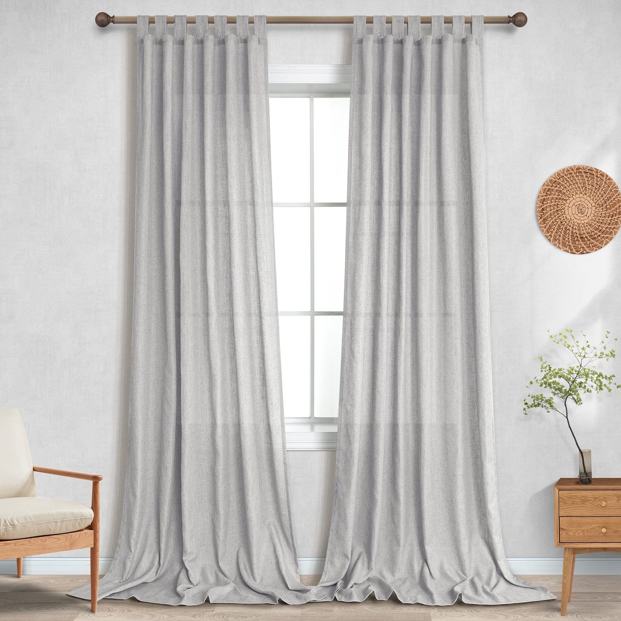 Grey Living Room Curtains 96 Inches Long For Bedroom 2 Panel Set Tab Top Loop Linen Drape Light Filtering Semi Transparent Light Gray Sheer Curtains For Dining Room Office Country Chic Home Decor 8 Ft