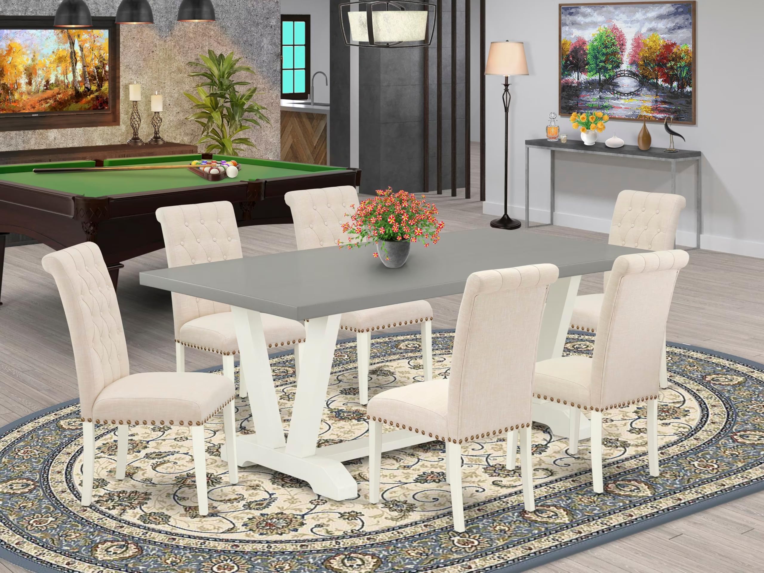 East West Furniture V097Br202-7 7 Piece Modern Dining Table Set Consist Of A Rectangle Wooden Table With V-Legs And 6 Light Beige Linen Fabric Upholstered Chairs, 40X72 Inch, Multi-Color