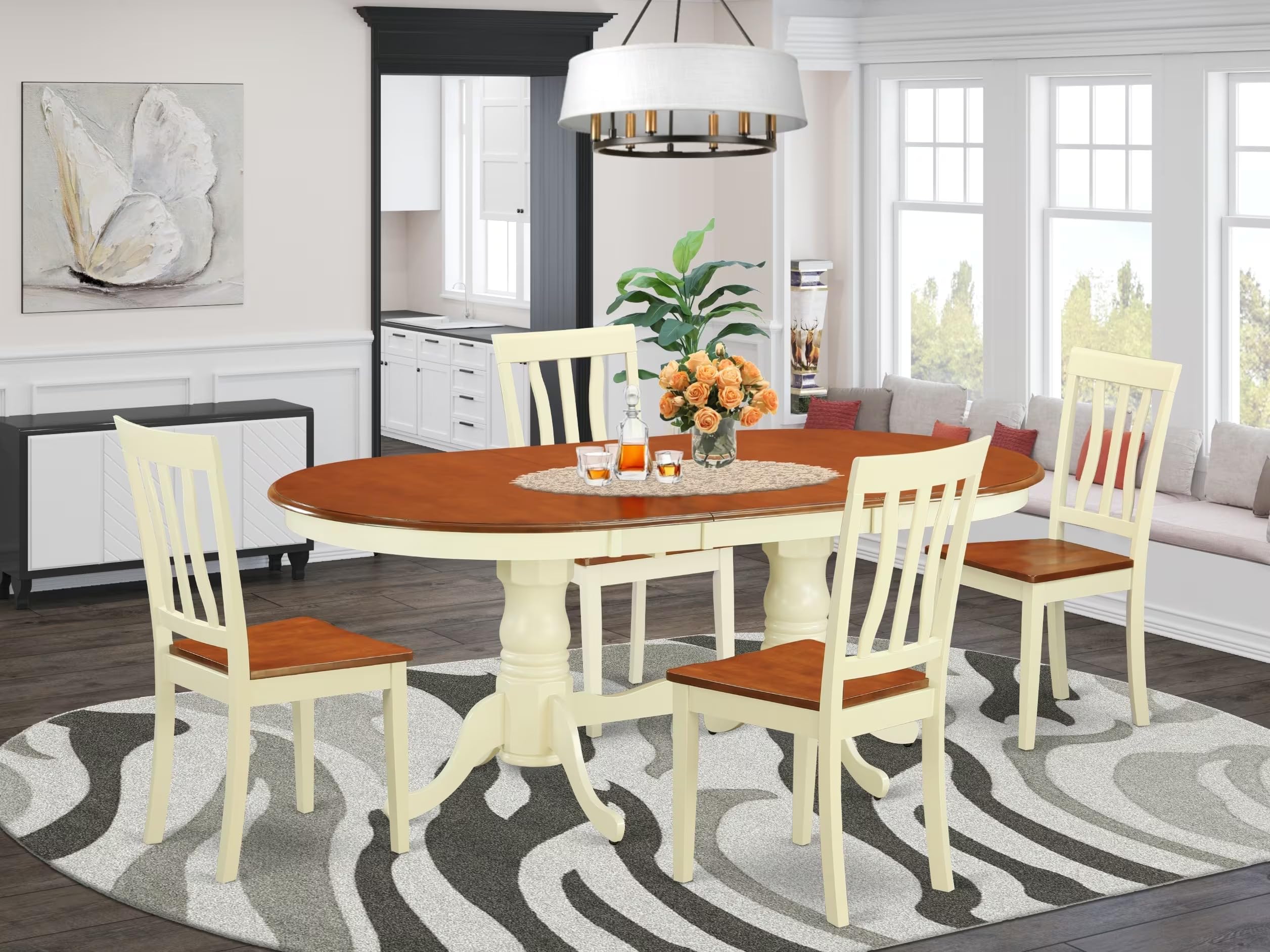 East West Furniture PLAN5-WHI-W 5 Piece Dining Set Includes an Oval Dining Table with Butterfly Leaf and 4 Kitchen Chairs, 42x78 Inch, Buttermilk & Cherry