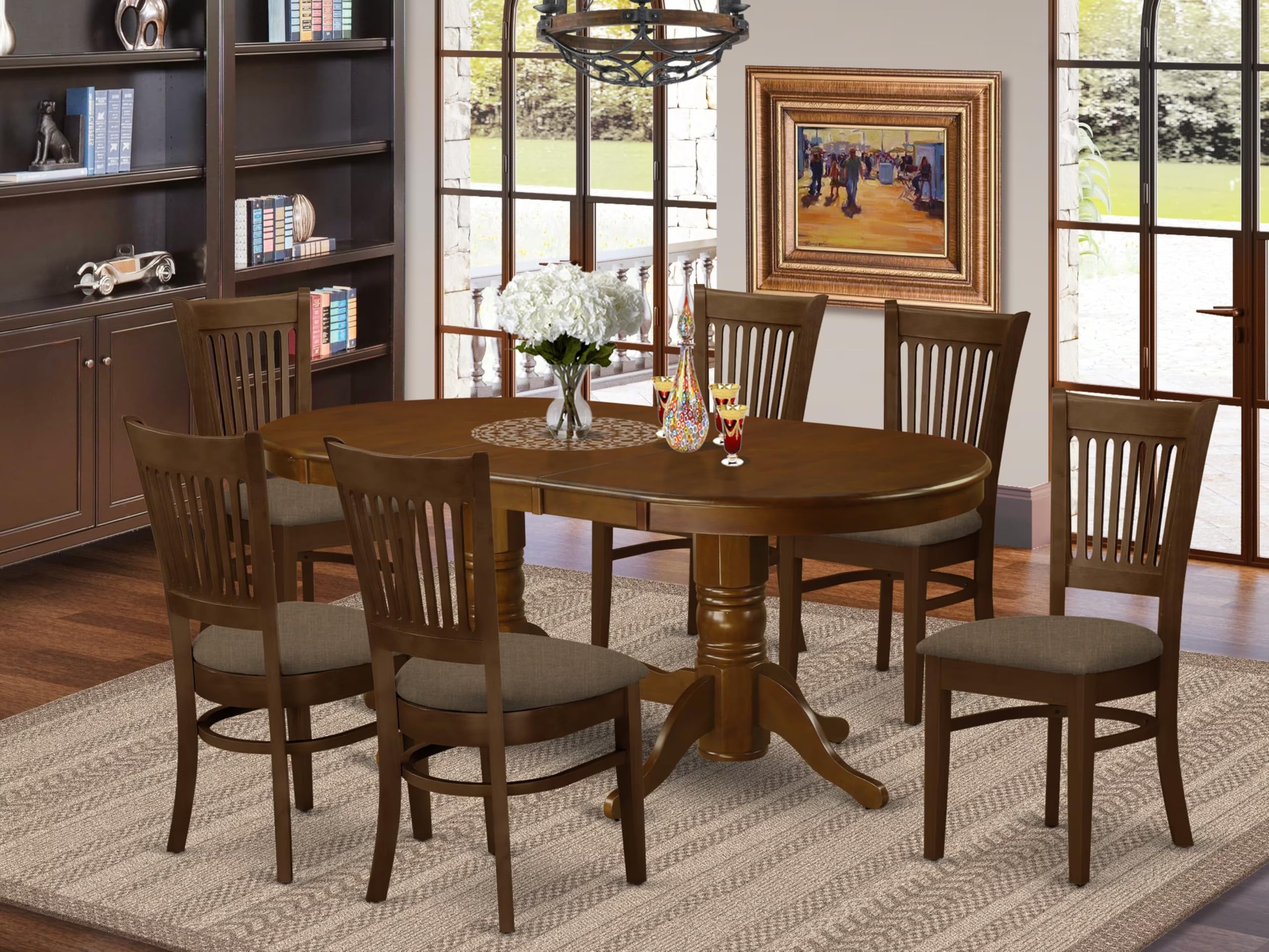 East West Furniture VANC7-ESP-C 7 Piece Kitchen Table & Chairs Set Consist of an Oval Dining Room Table with Butterfly Leaf and 6 Linen Fabric Upholstered Chairs, 40x76 Inch, Espresso