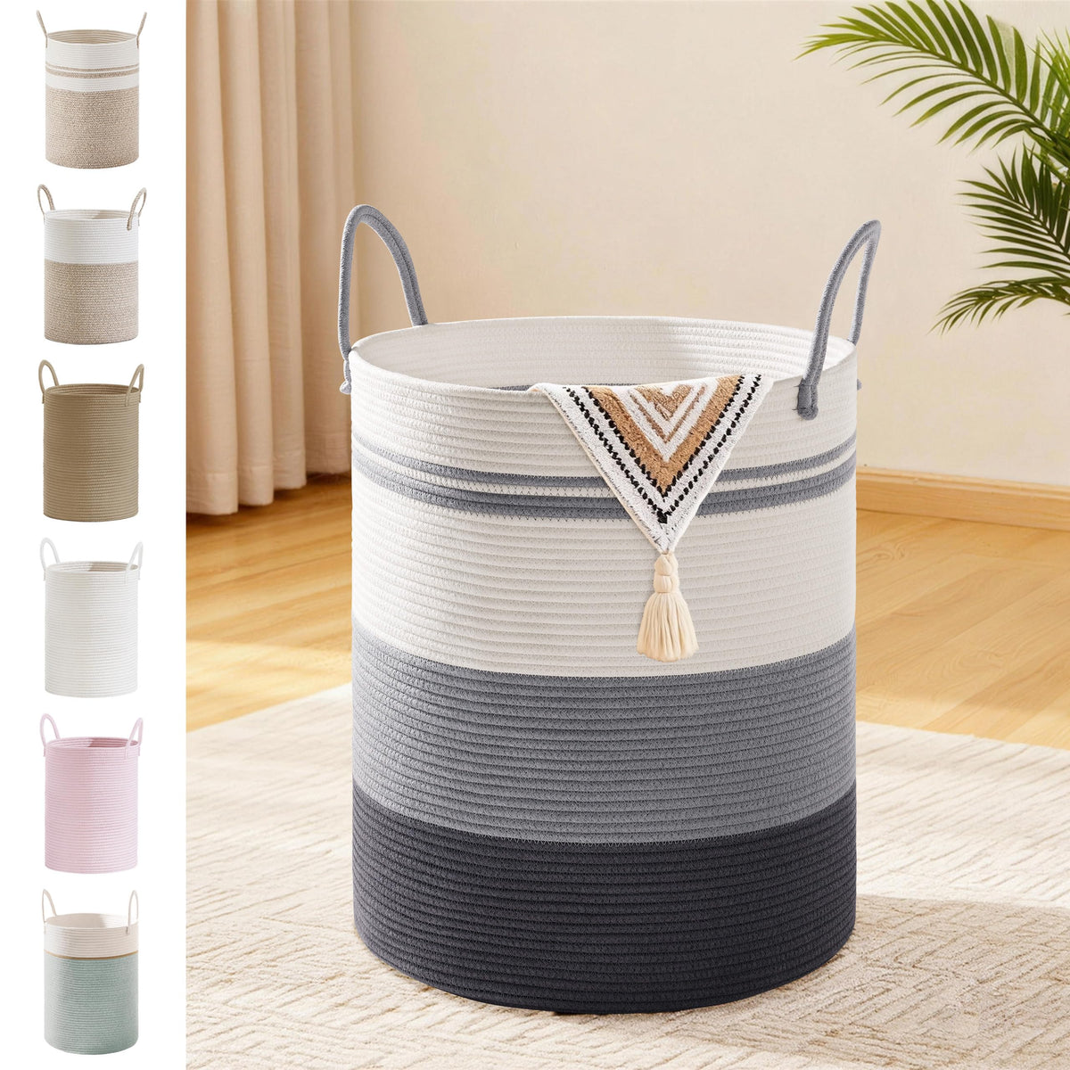 SunNewt 53L Tall Cotton Rope Laundry Basket with Handles, Grey Striped
