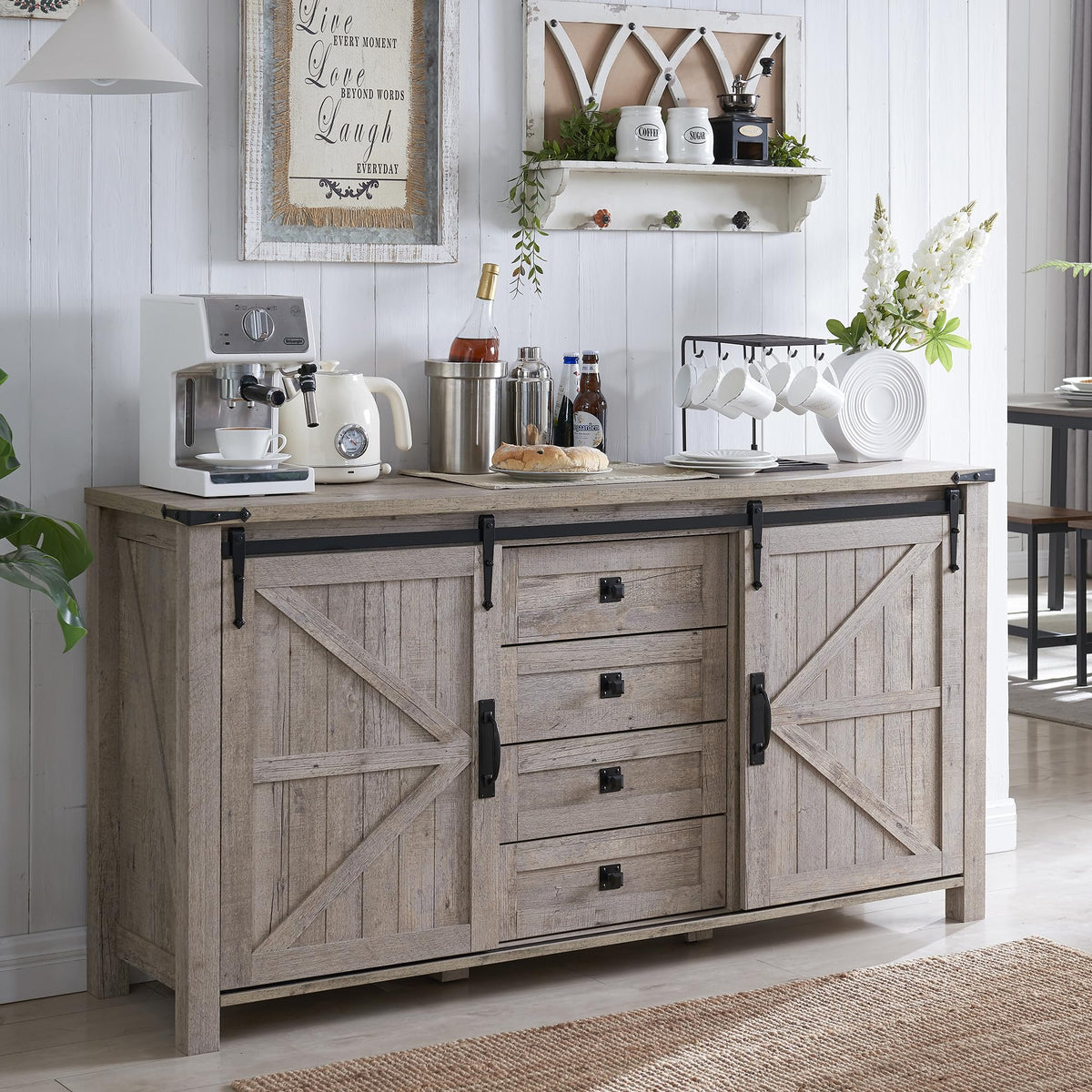 T4Tream Farmhouse Sideboard Buffet Cabinet With Storage, 60' Large Kitchen Cabinet W/Sliding Barn Doors And 4 Drawers, 31.2'' Tall Rustic Wood Coffee Bar Table For Dining Room, Light Rustic Oak