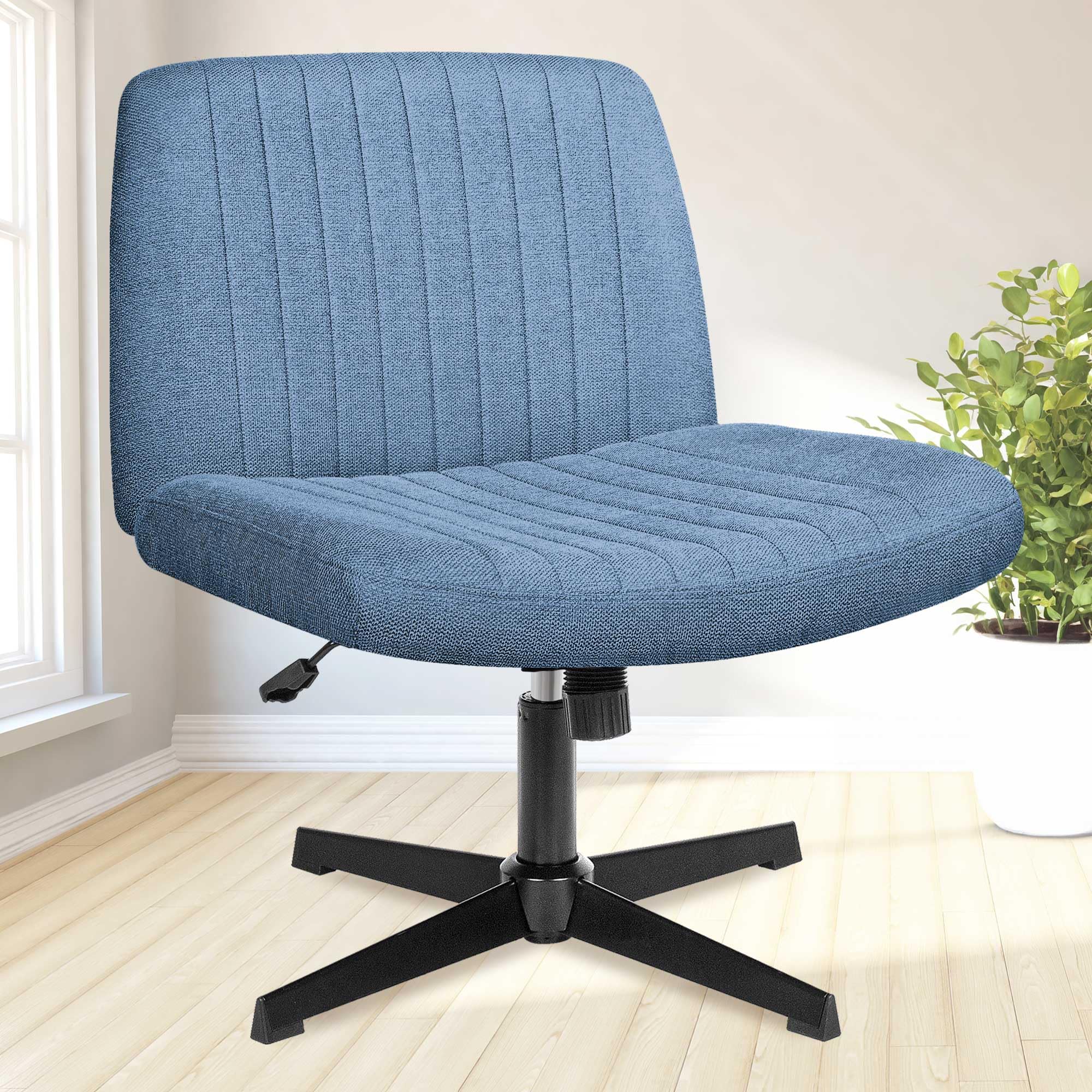 Neo Chair Criss Cross Chair No Wheels Armless Cross Legged Office Desk Wide Comfy Vanity Makeup Chair Adjustable Computer Task For Home Office Fabric (Blue)