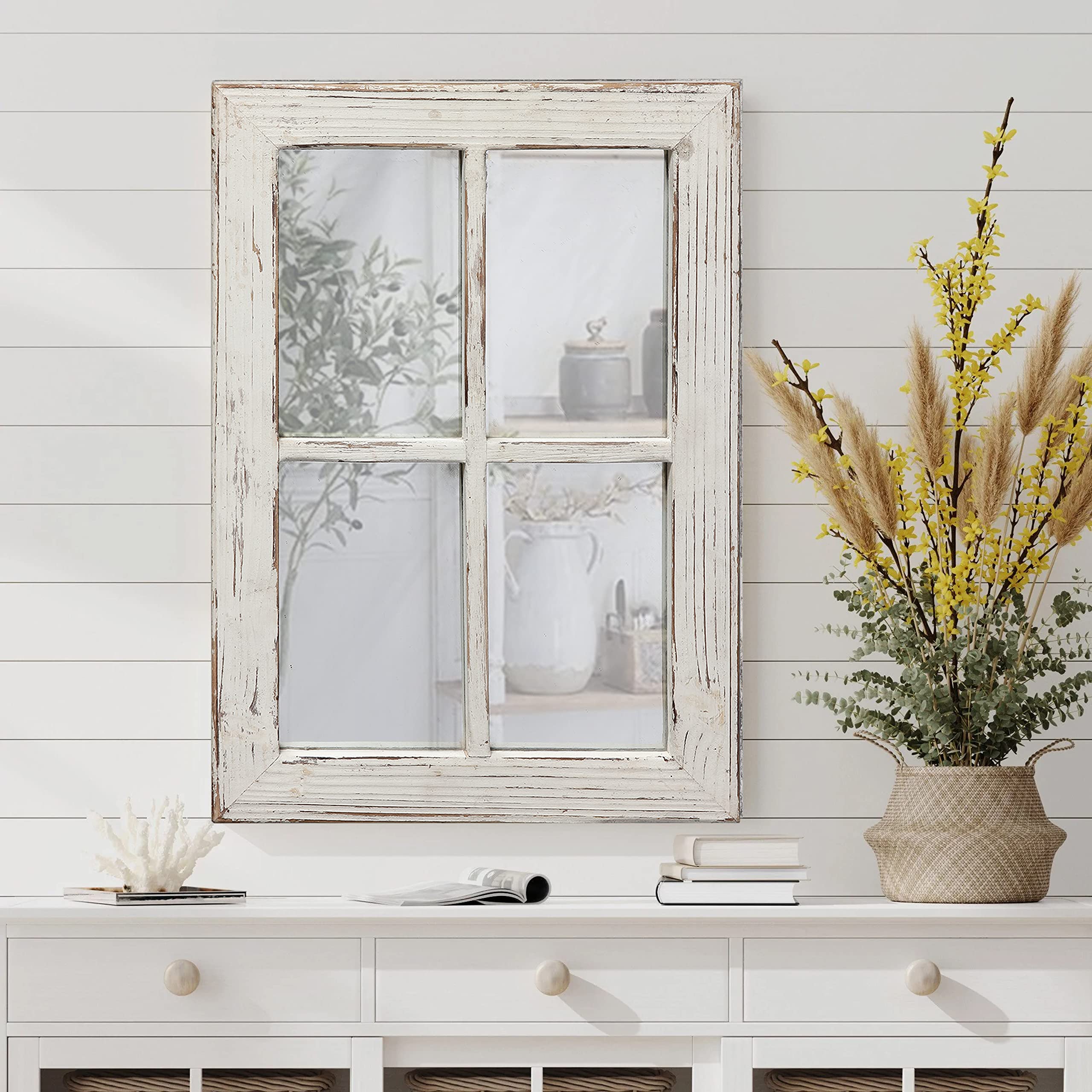 Sintosin Rustic Small Window Pane Mirror Wall Decor 11 x 16 inches, Hanging Distressed White Farmhouse Rectangle Wood Frame Mirr