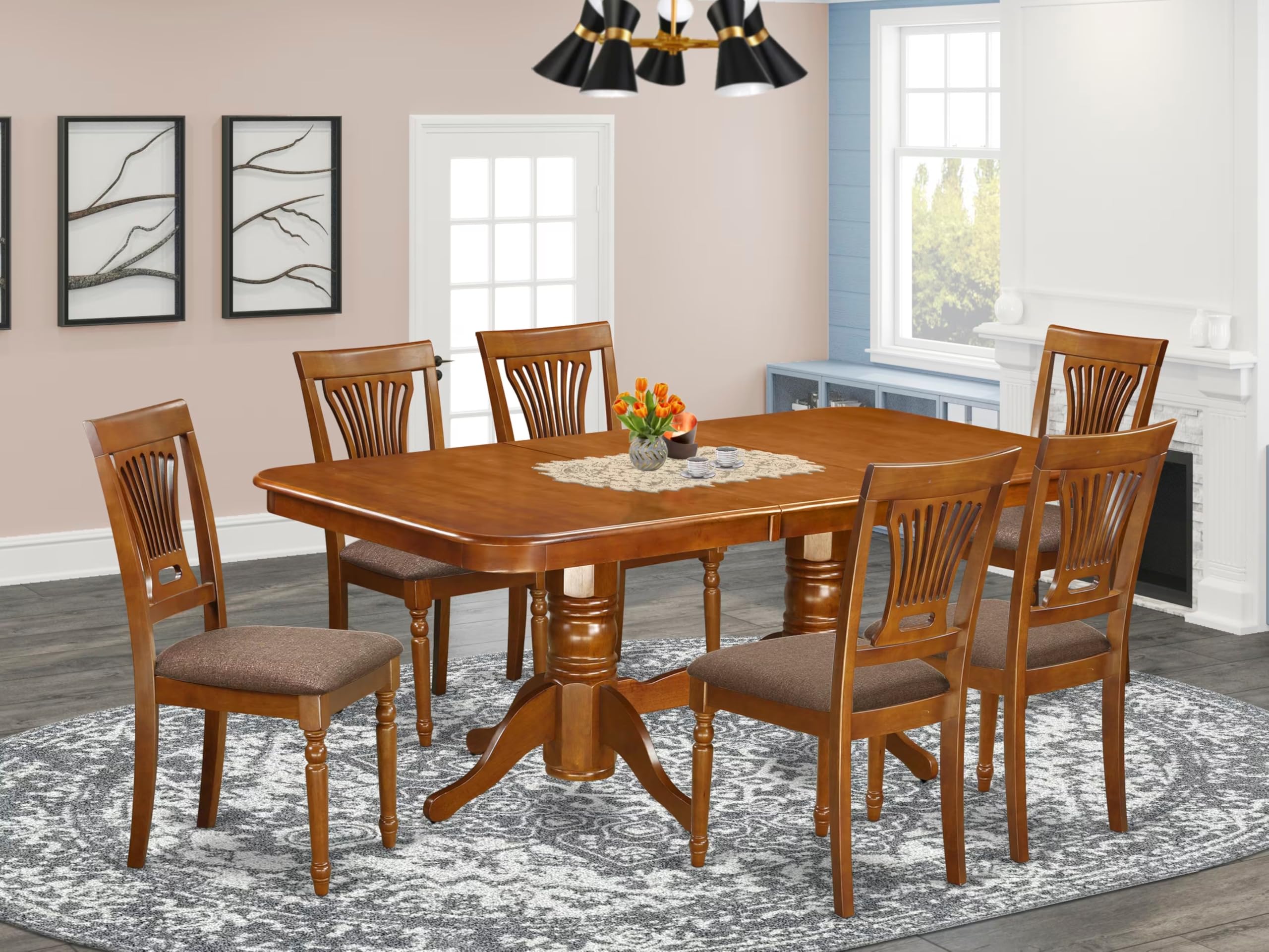 East West Furniture NAPL7-SBR-C 7 Piece Dinette Set Consist of a Rectangle Dining Room Table with Butterfly Leaf and 6 Linen Fabric Kitchen Dining Chairs, 40x78 Inch, Saddle Brown