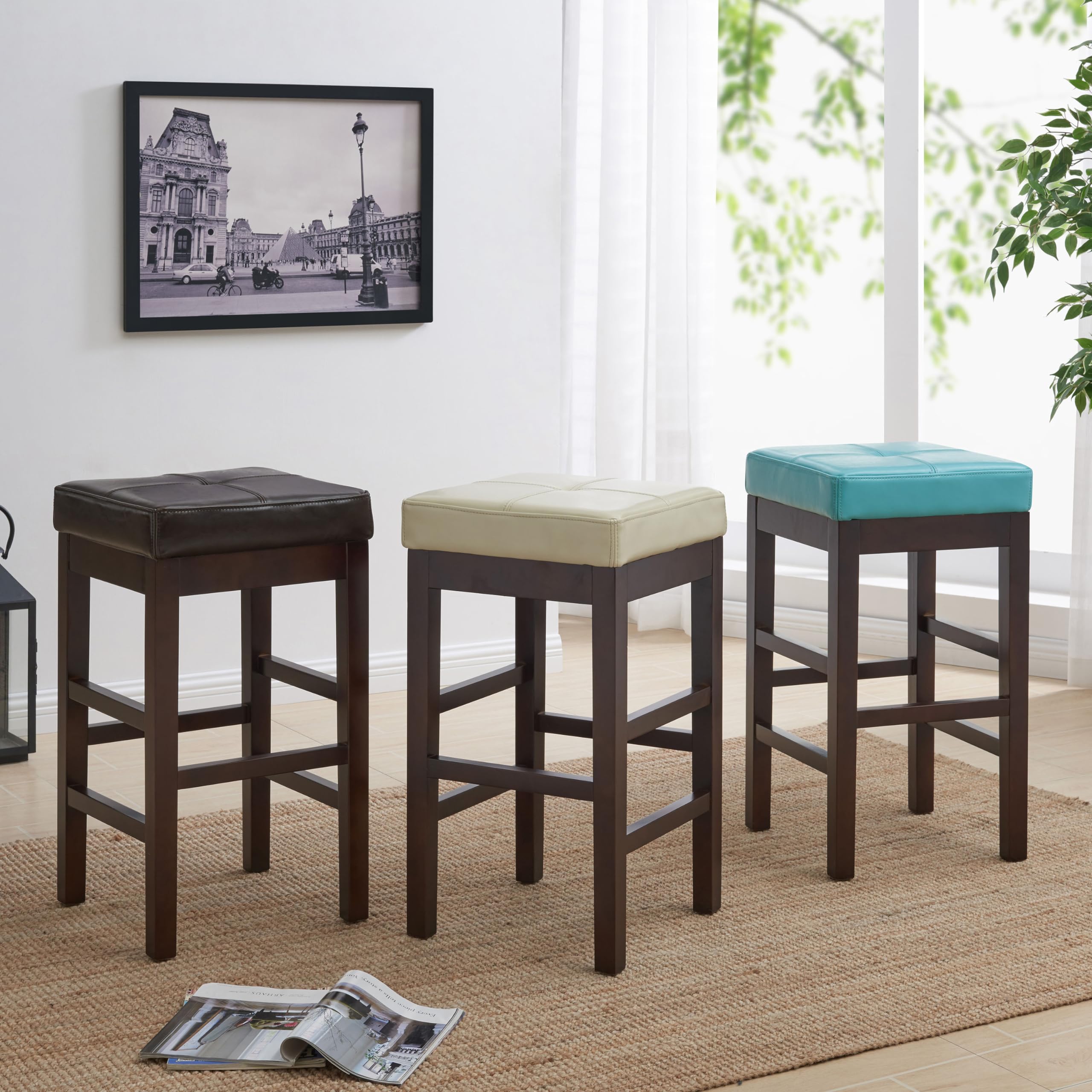 New Pacific Direct Valencia Backless Leather Counter Stool 27&quot;,Brown Legs,Brown