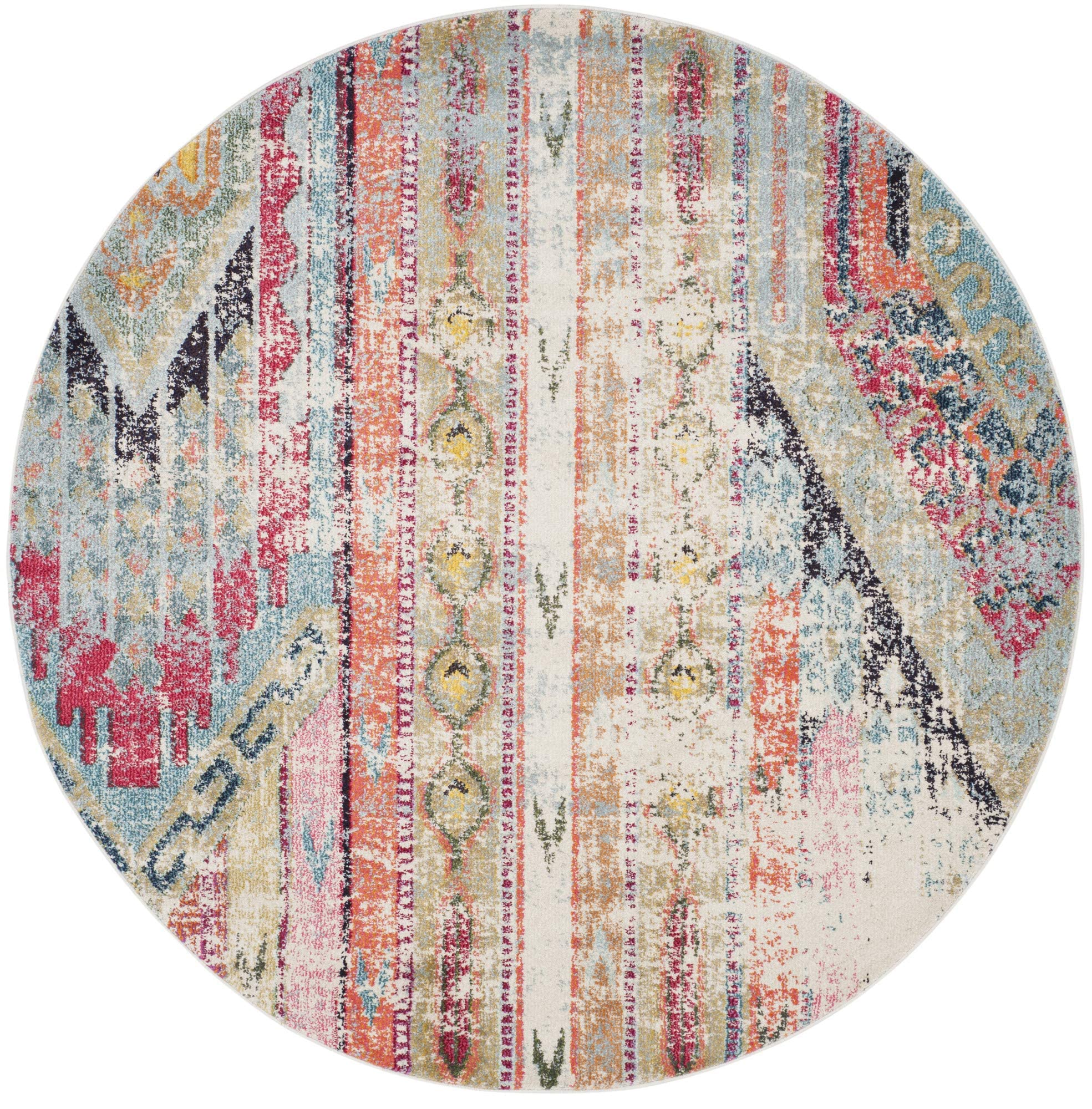 SAFAVIEH Monaco Collection Area Rug - 67 Round, Multi, Boho Chic Tribal Distressed Design, Non-Shedding & Easy Care, Ideal for 