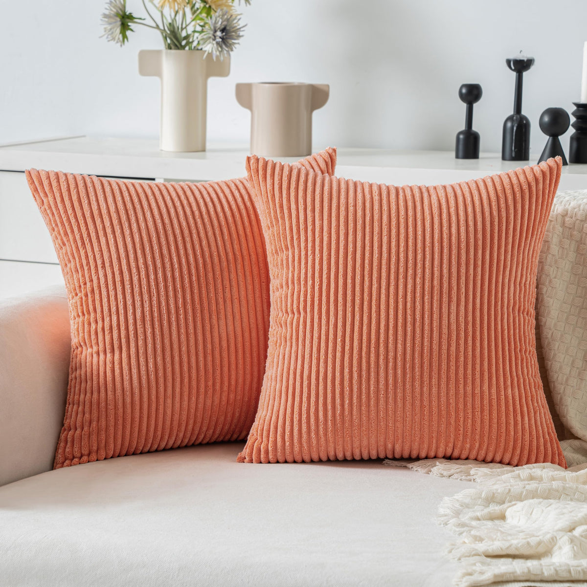 Miulee Coral Red Corduroy Pillow Covers 20X20 Inch Set Of 2 Super Soft Boho Striped Pillow Covers Decorative Textured Throw Pill