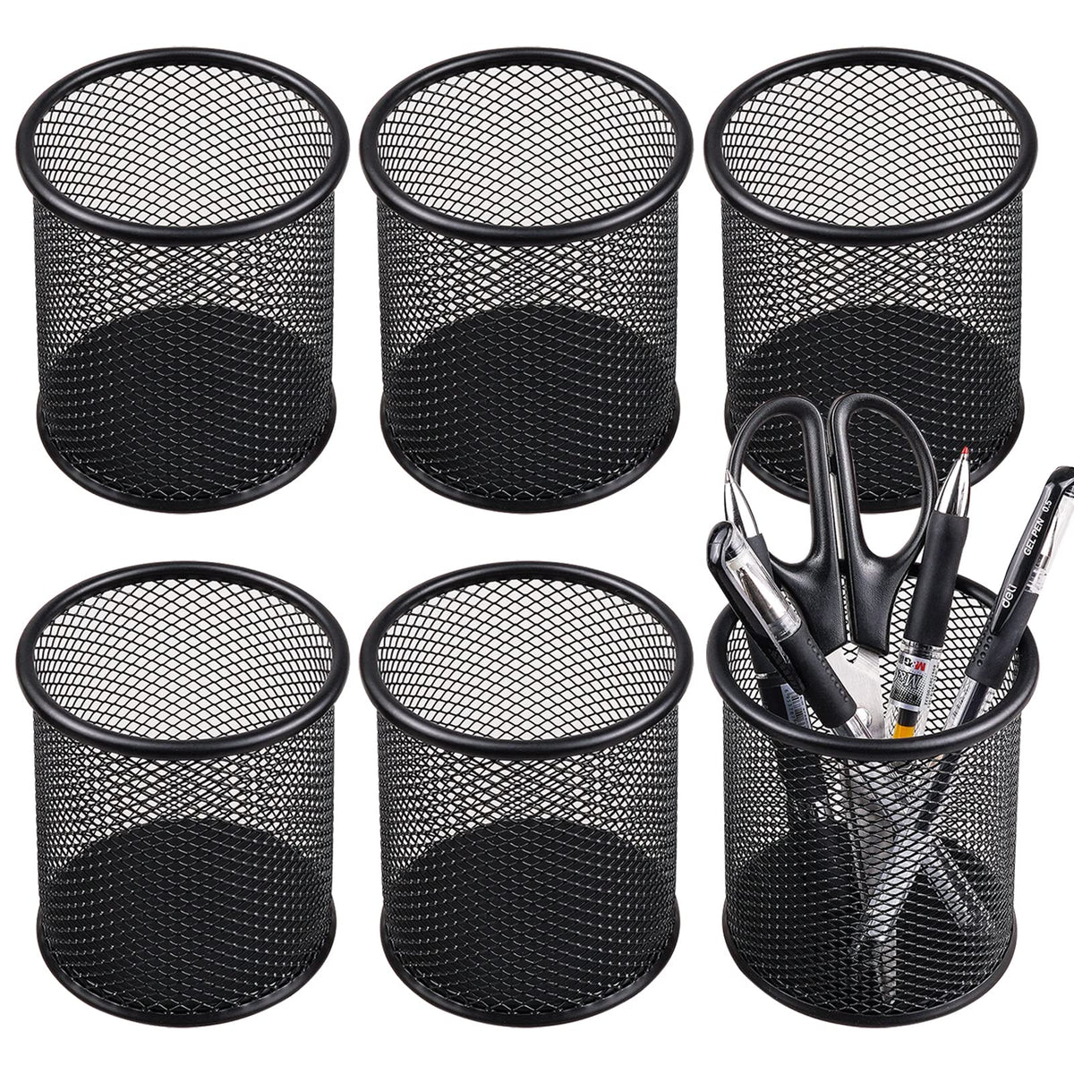 Qyh Mesh Pen Cup Metal Pencil Holder For Desk 6 Packs Black Pen Organizer Office 3.54X3.93 Inch
