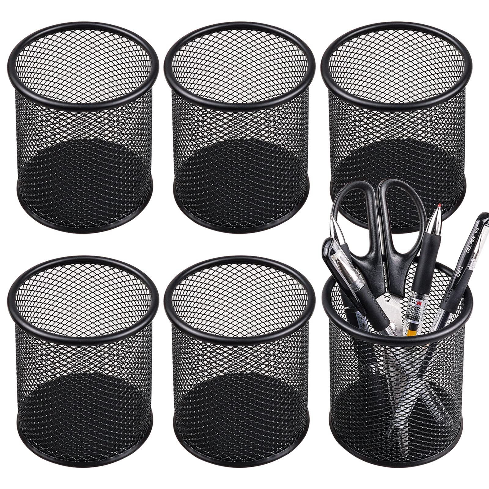 Qyh Mesh Pen Cup Metal Pencil Holder For Desk 6 Packs Black Pen Organizer Office 3.54X3.93 Inch