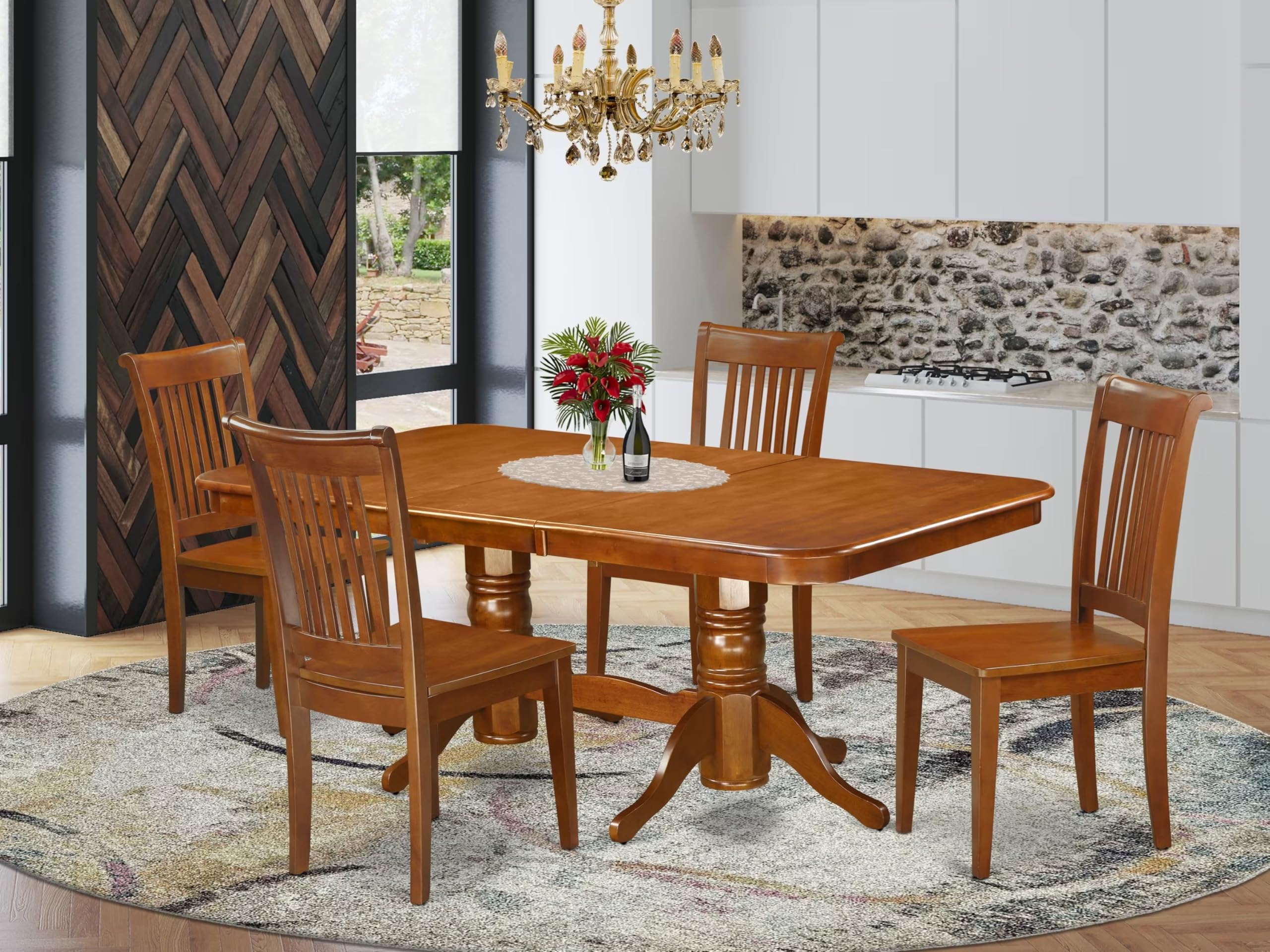 East West Furniture NAPO5-SBR-W Napoleon 5 Piece Room Set Includes a Rectangle Wooden Table with Butterfly Leaf and 4 Kitchen Dining Chairs, 40x78 Inch