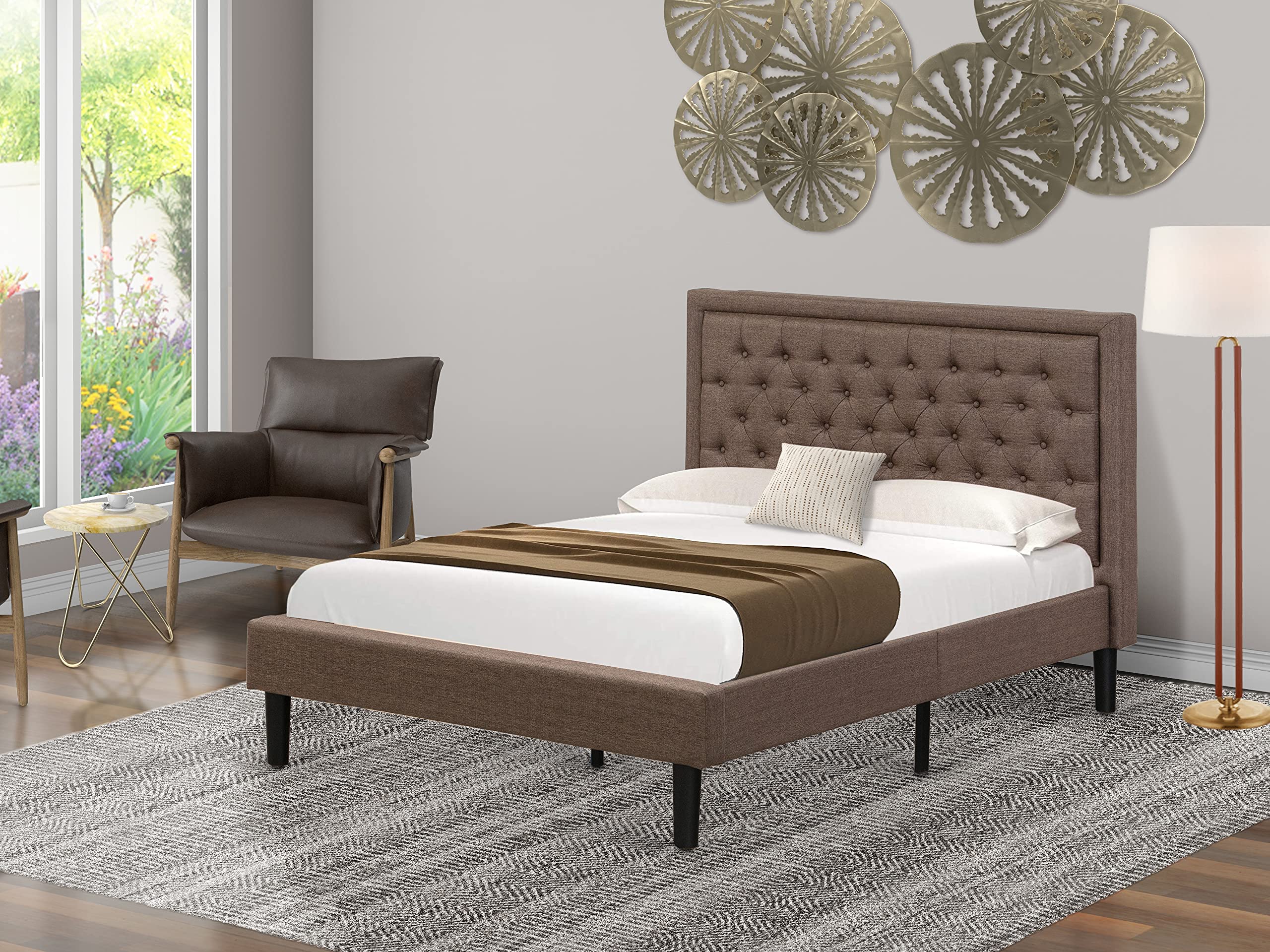 East West Furniture KDF-18-F Platform Full Bed Frame - Brown Linen Fabric Upholstered Bed Headboard with Button Tufted Trim Design - Black Legs