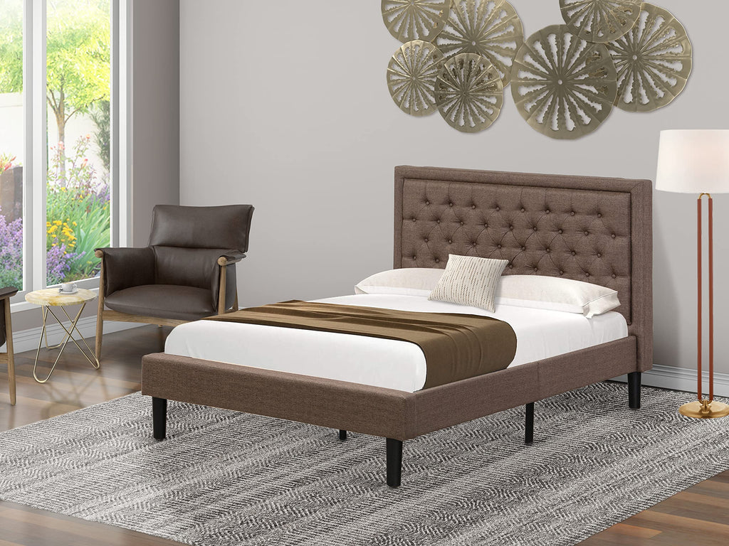 East West Furniture KDF-18-F Platform Full Bed Frame - Brown Linen Fabric Upholstered Bed Headboard with Button Tufted Trim Design - Black Legs