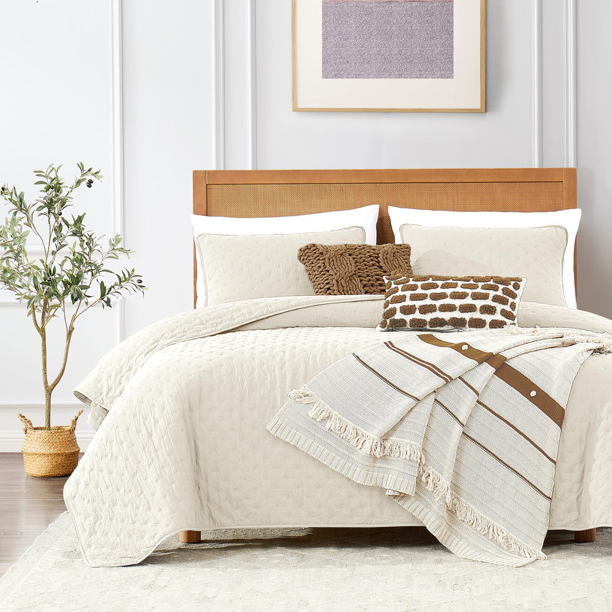 Roaringwild Ivory Twin Size Quilt Bedding Sets With 1 Pillow Sham, Cream Lightweight Soft Bedspread Coverlet, Thin Comforter Bed