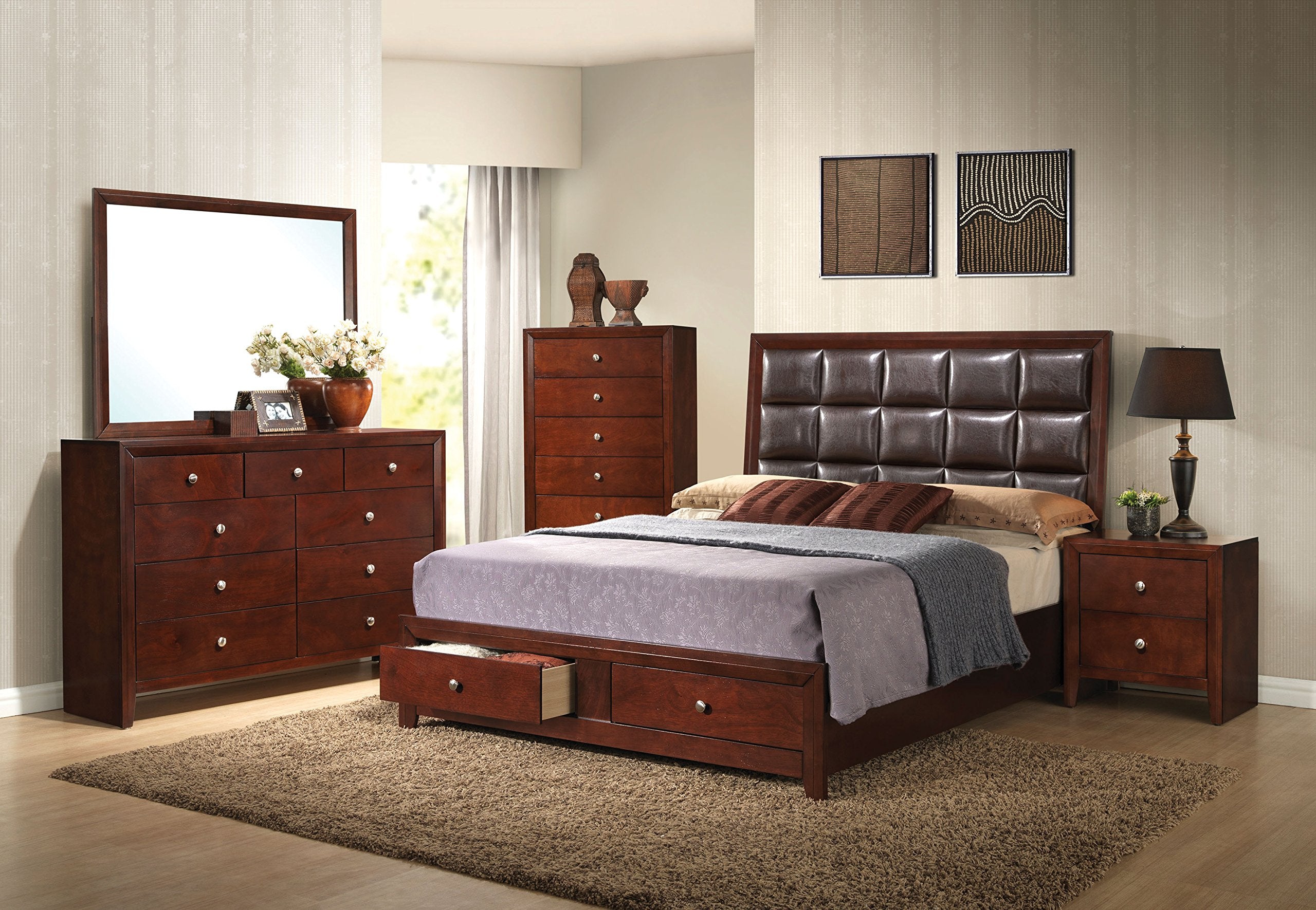 Acme Ilana Queen Bed with Storage in Brown PU and Brown Cherry