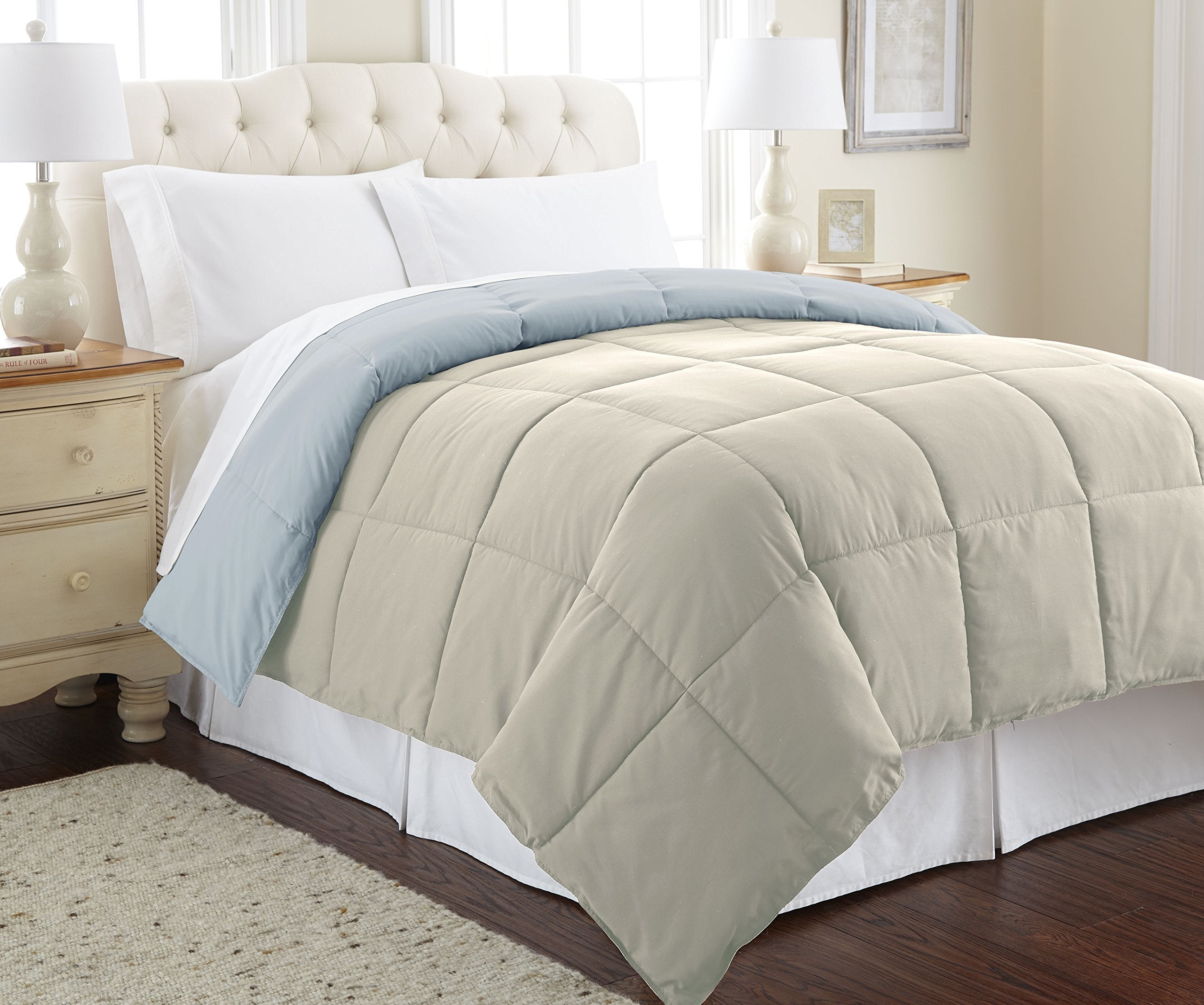 Modern Threads Down Alternative Microfiber Quilted Reversible Comforter & Duvet Insert - Soft, Comfortable Alternative To Goose Down - Bedding For All Seasons Oatmeal/Dusty Blue Twin