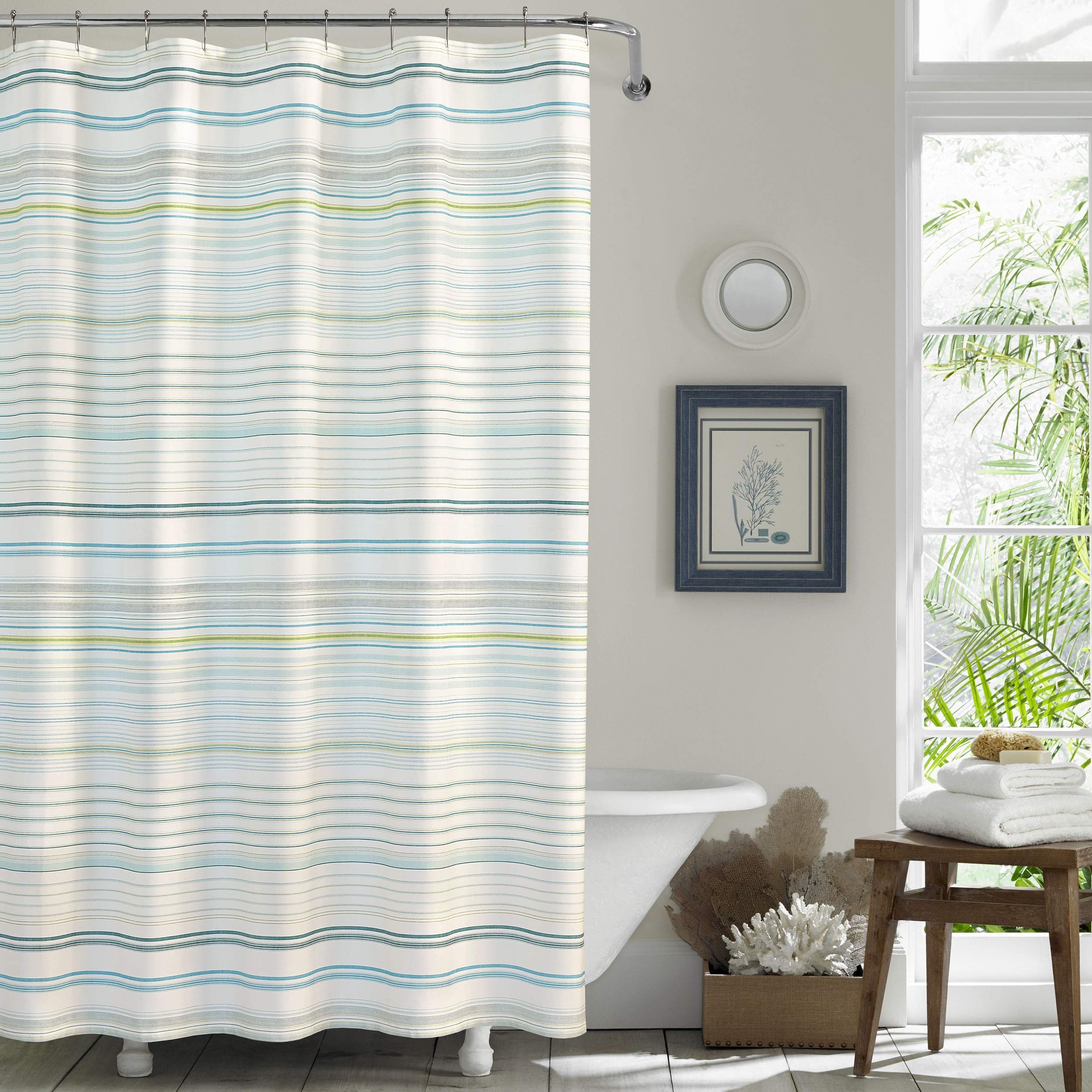 Tommy Bahama - Fabric Shower Curtain, Stylish Striped Bathroom Decor, Hook Holes Top (La Scala Breeze Green, 72 x 72)