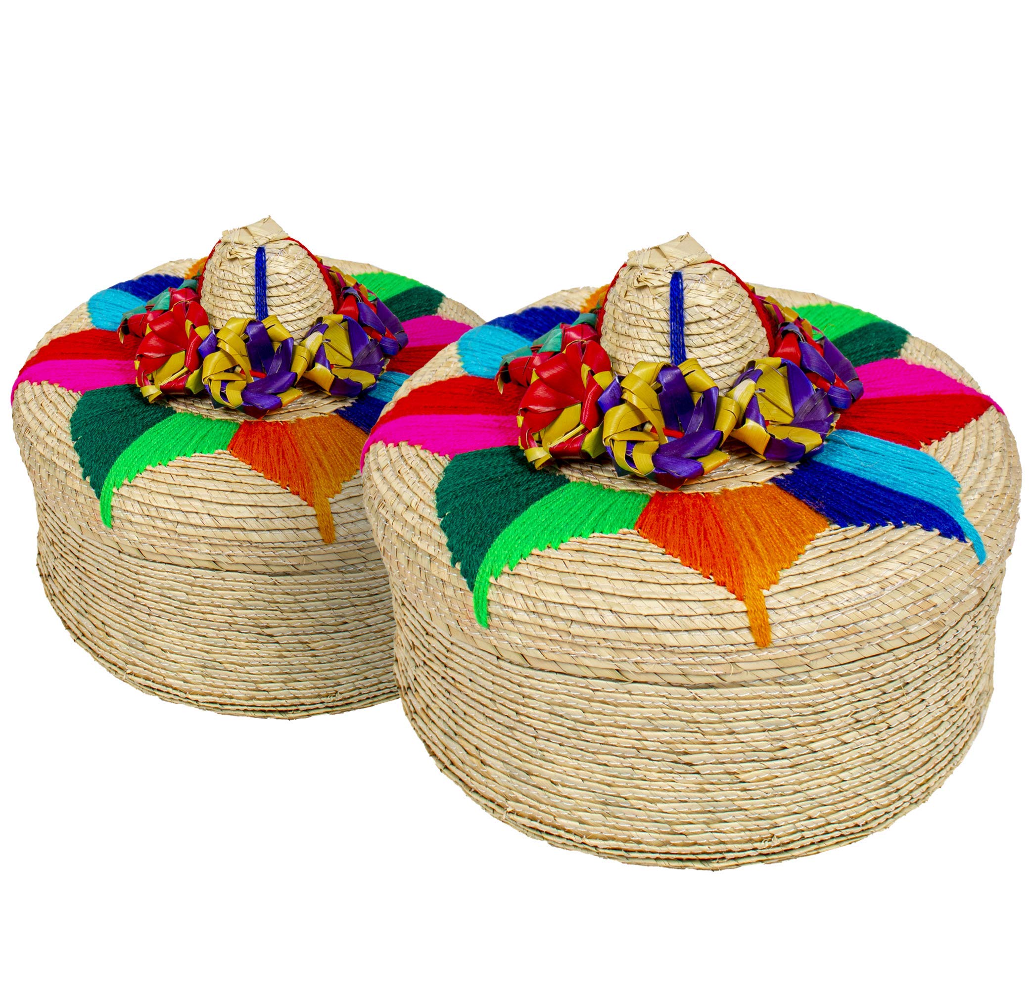 FESTMEX 2-Pack Handwoven Mexican Tortilla Basket with Lid - Palm Straw Tortillero Bowl Warmer, Handmade in Mexico, Decorative Ho