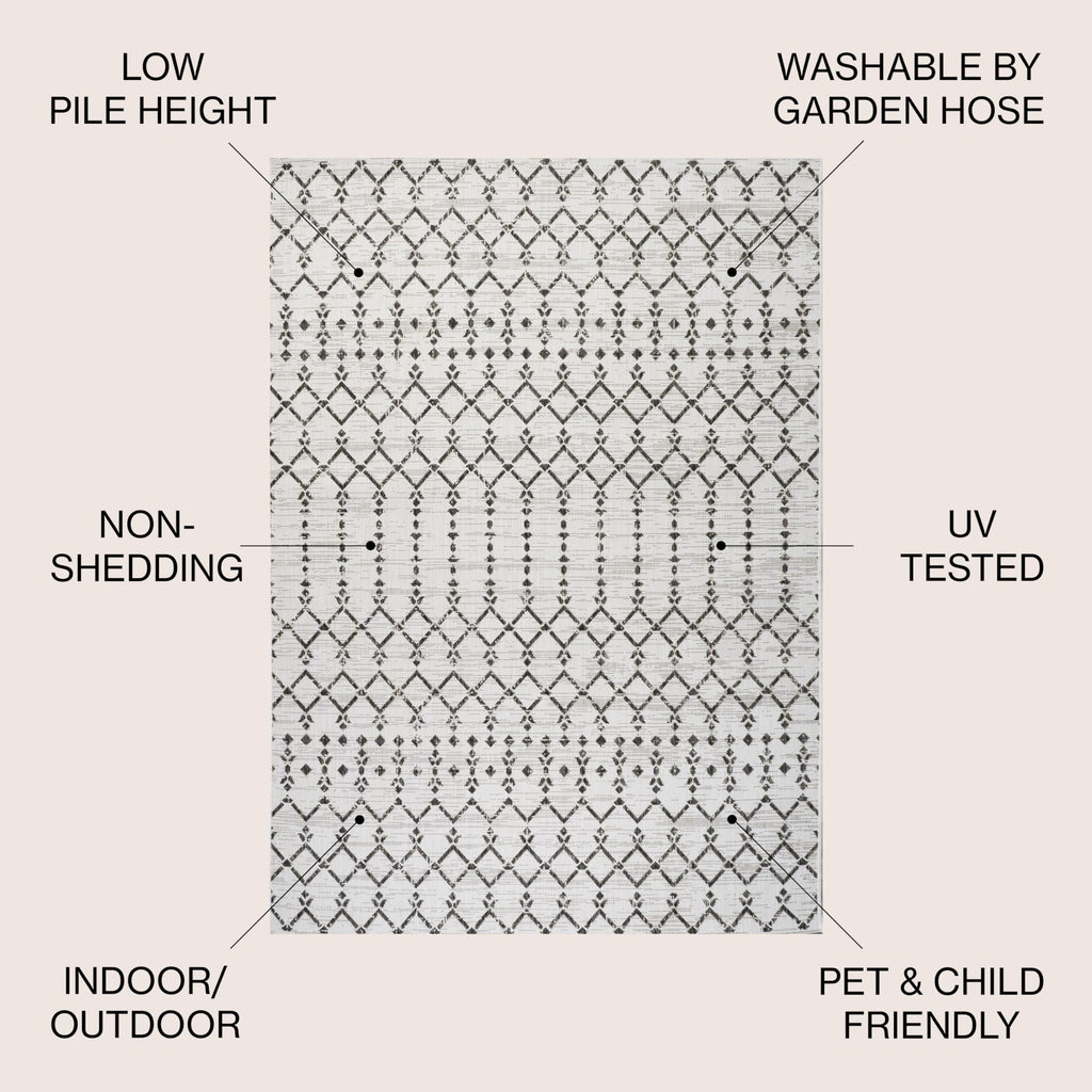 Jonathan Y Smb108I-5 Ourika Moroccan Geometric Textured Weave Indoor Outdoor Area Rug, Coastal, Traditional, Transitional Easy Cleaning,Bedroom,Kitchen,Backyard,Patio,Non Shedding, Cream/Black, 5 X 8