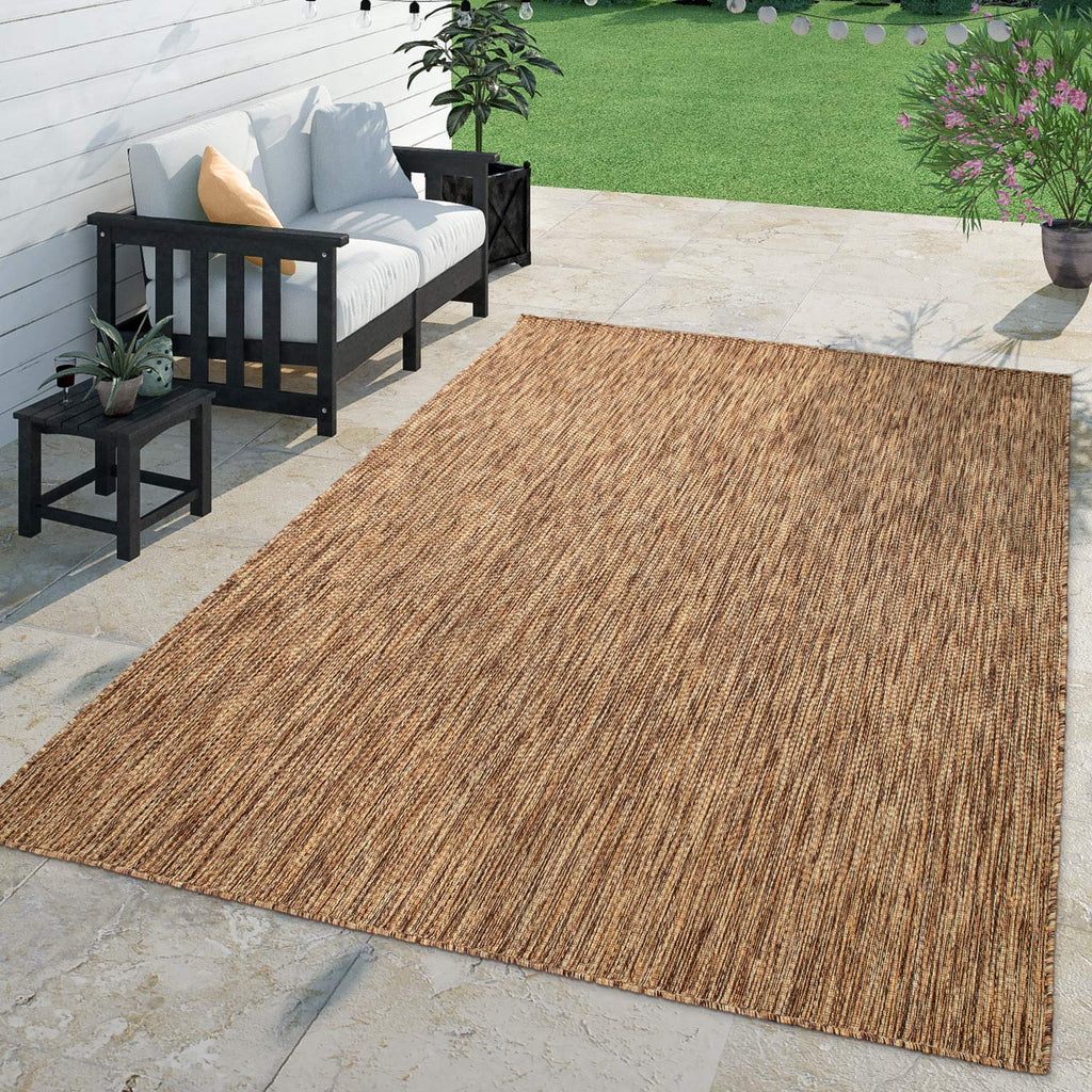 Solid Outdoor Rug For Patio Or Balcony Weatherproof In Mottled Brown Beige, Size: 6'7' X 9'2'