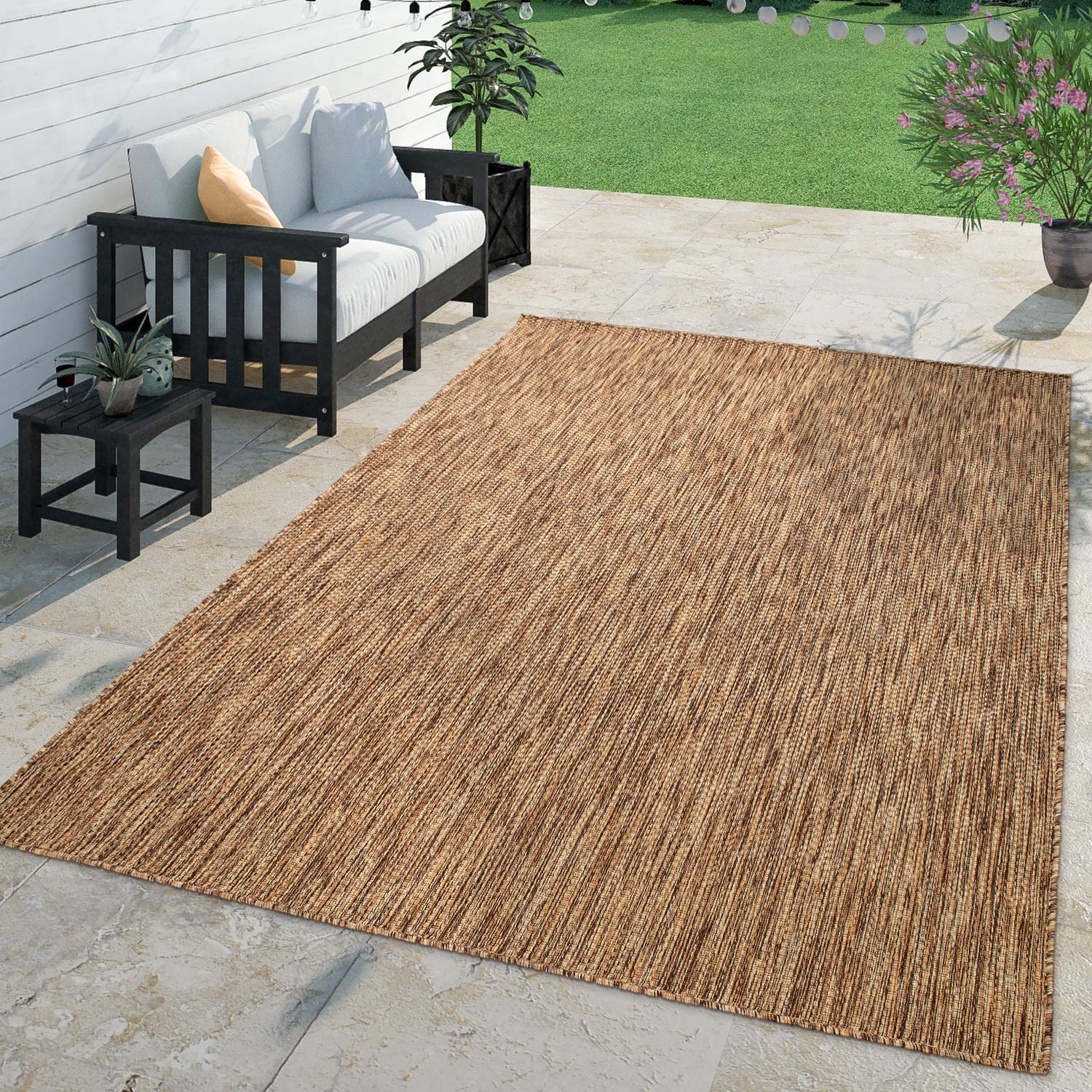 Solid Outdoor Rug For Patio Or Balcony Weatherproof In Mottled Brown Beige, Size: 6'7' X 9'2'