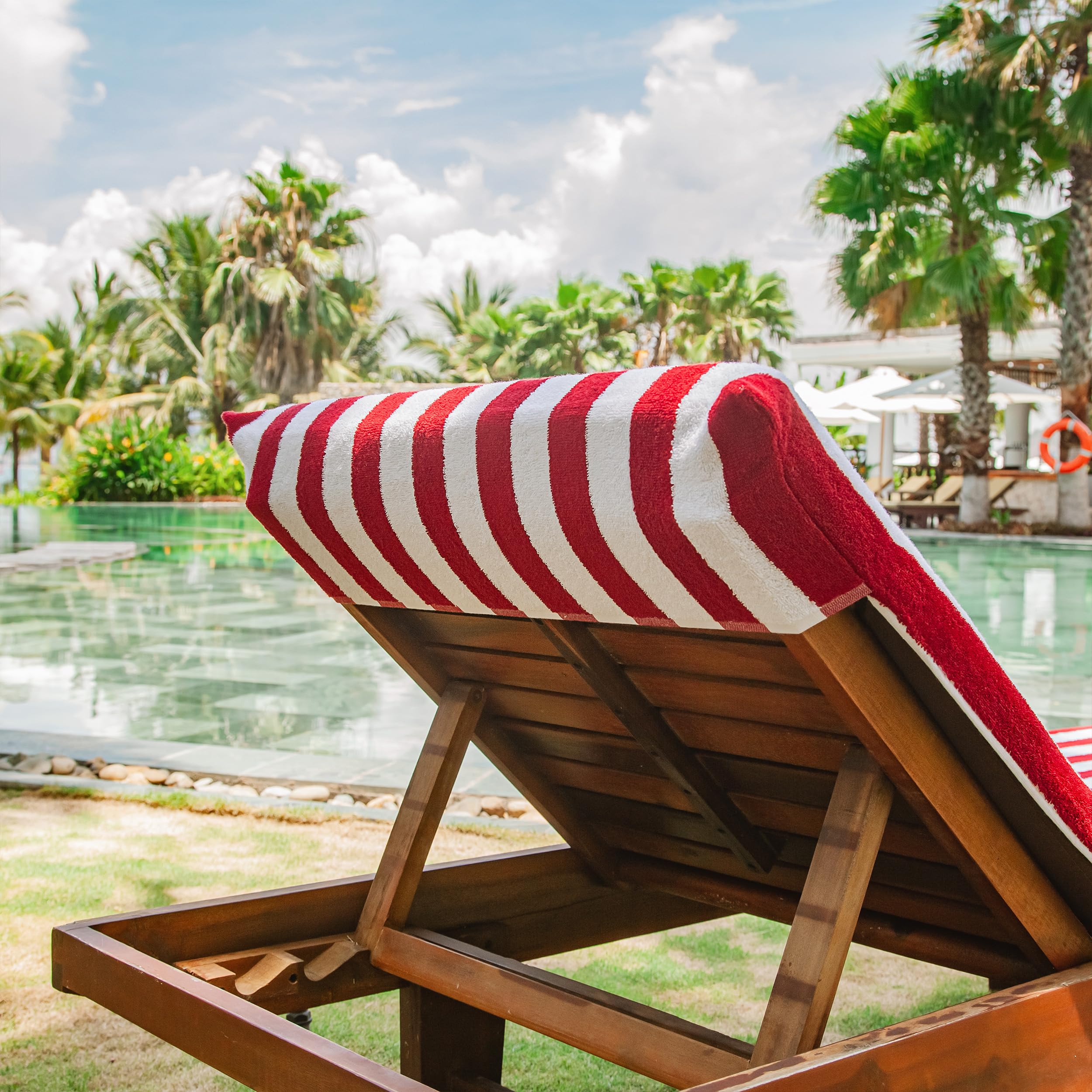 Arkwright California Chaise Lounge Cover - Pack Of 2 - Striped Soft Cotton Cabana Towel With Pocket Holder For Beach Pool Outdoor Chair, 30 X 85 In., Red