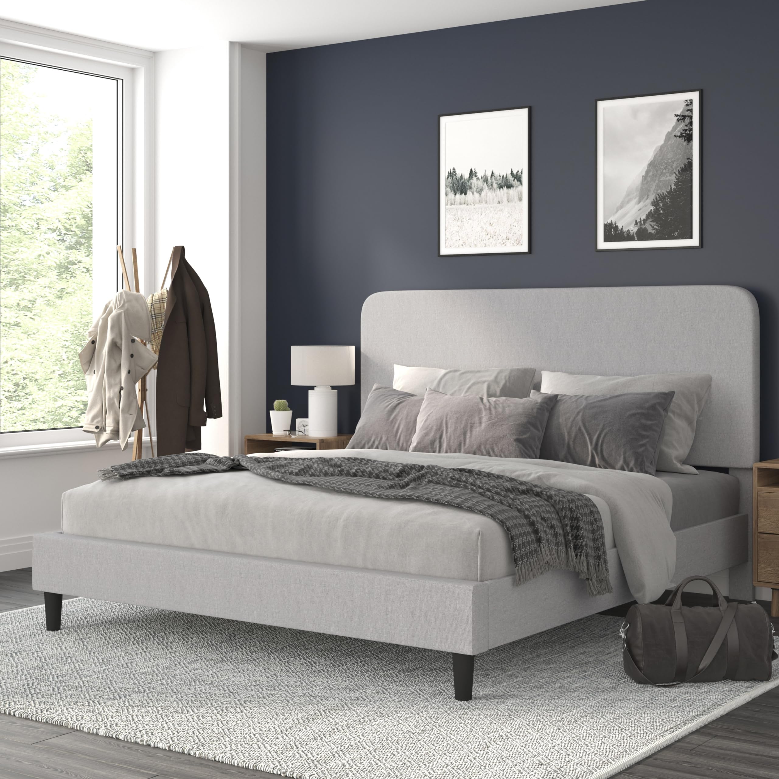 Flash Furniture Addison King Size Platform Bed with Fabric Upholstered Headboard, Timeless Low-Profile King Bed Frame with Headboard, Light Gray