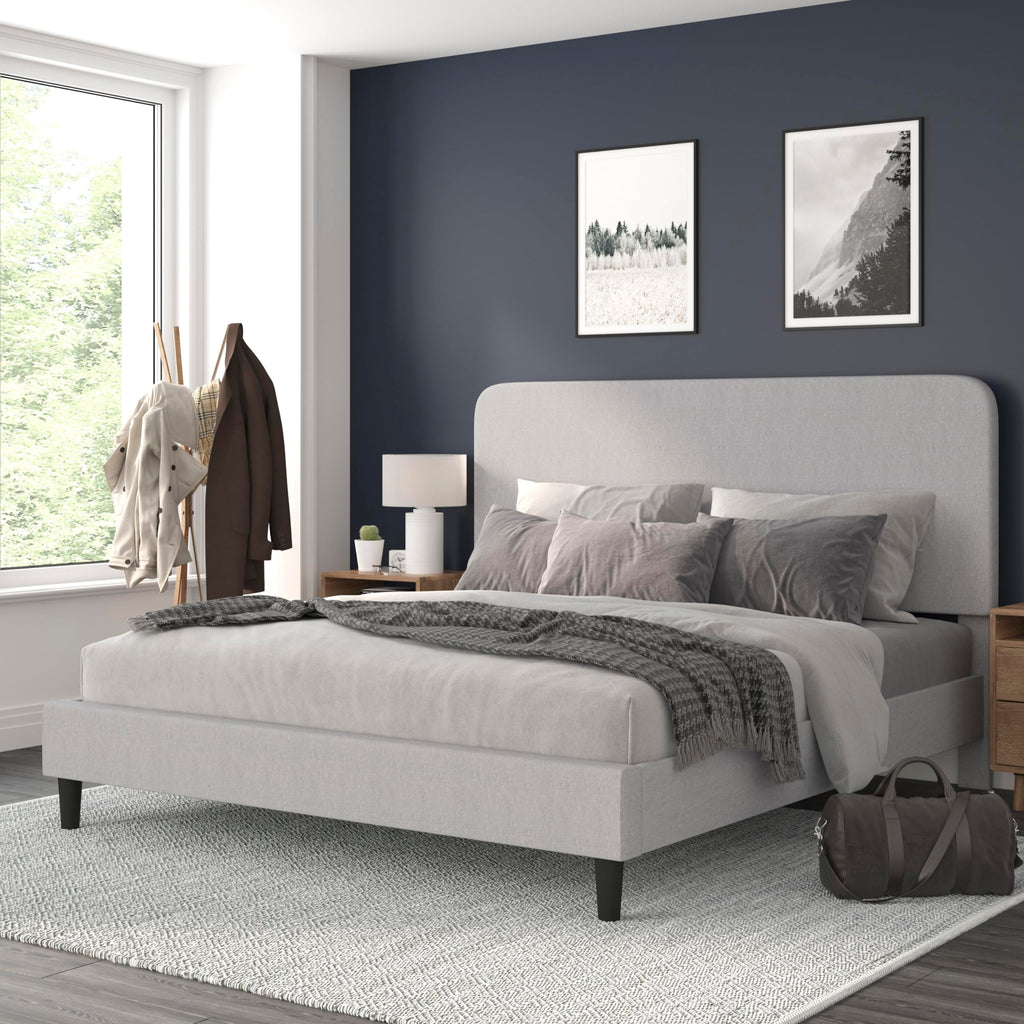Flash Furniture Addison King Size Platform Bed with Fabric Upholstered Headboard, Timeless Low-Profile King Bed Frame with Headboard, Light Gray