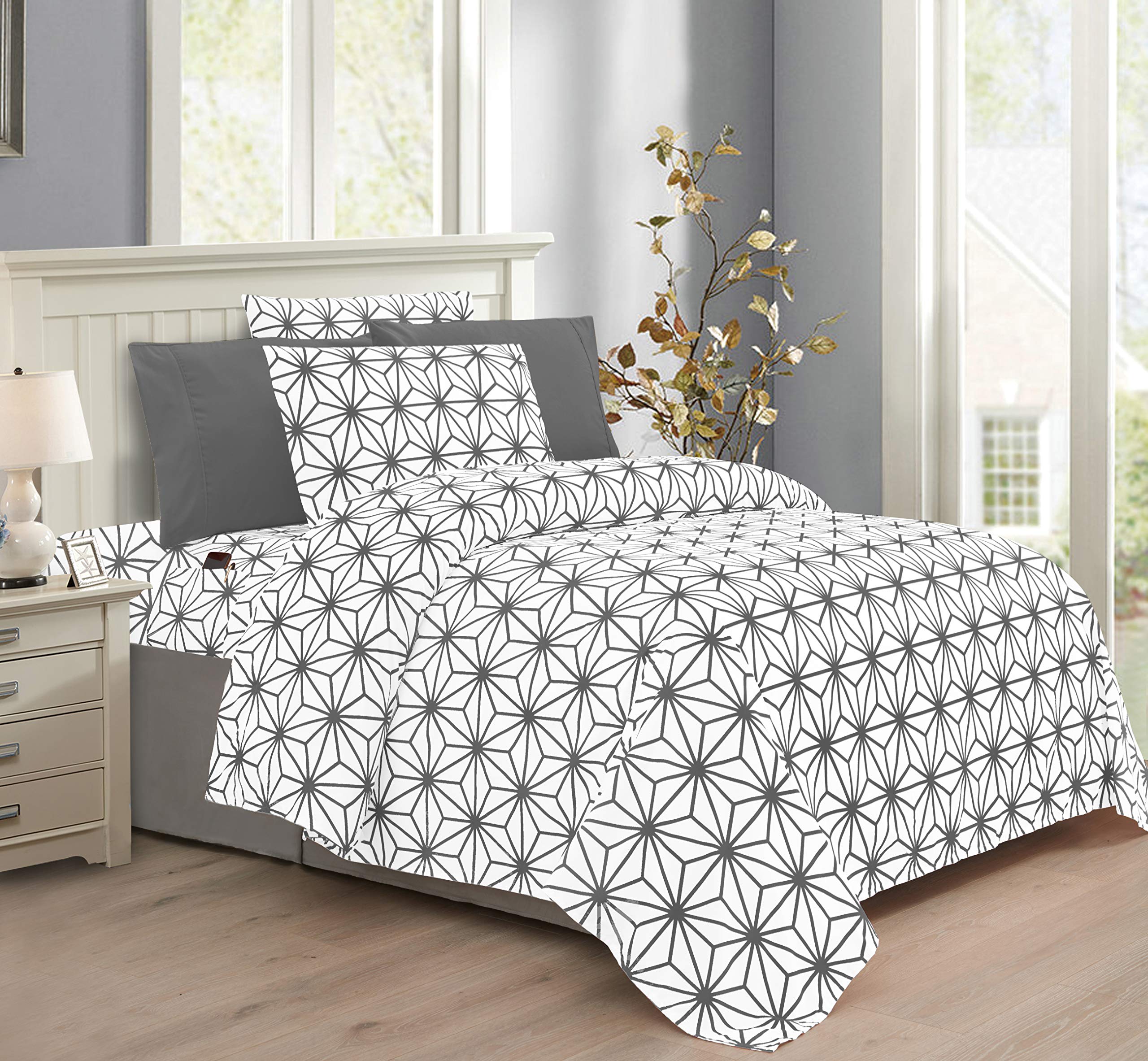 Elegant Comfort Luxury Soft Bed Sheets Cube Pattern - 1500 Premium Hotel Quality Microfiber Softness Wrinkle And Fade Resistant (6-Piece) Bedding Set, Queen, Gray