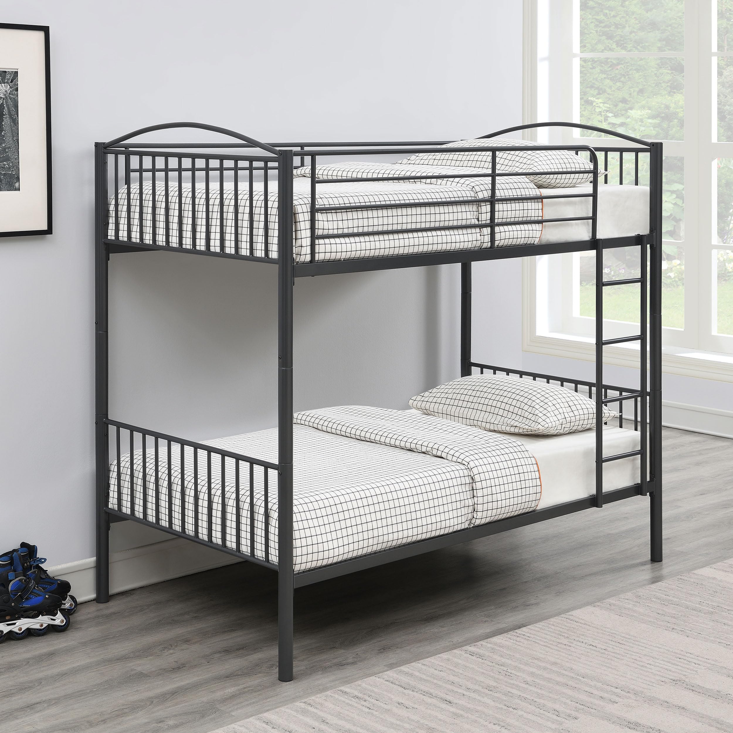 Coaster Home Furnishings Anson Contemporary Metal Twin Over Twin Size Bunk Bed Frame with Ladder and Guardrails Fully Slatted Mattress Ready Foundation Gunmetal 400739T