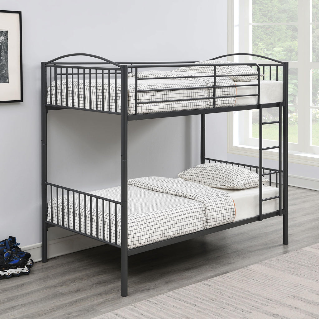 Coaster Home Furnishings Anson Contemporary Metal Twin Over Twin Size Bunk Bed Frame with Ladder and Guardrails Fully Slatted Mattress Ready Foundation Gunmetal 400739T