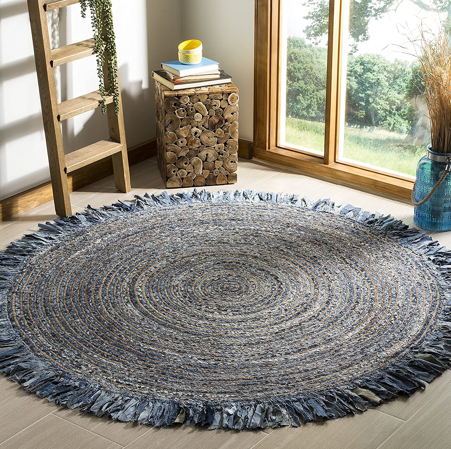 SAFAVIEH Cape Cod Collection Area Rug - 5 Round, Ivory & Denim, Handmade Boho Fringe Jute & Cotton, Ideal for High Traffic Area