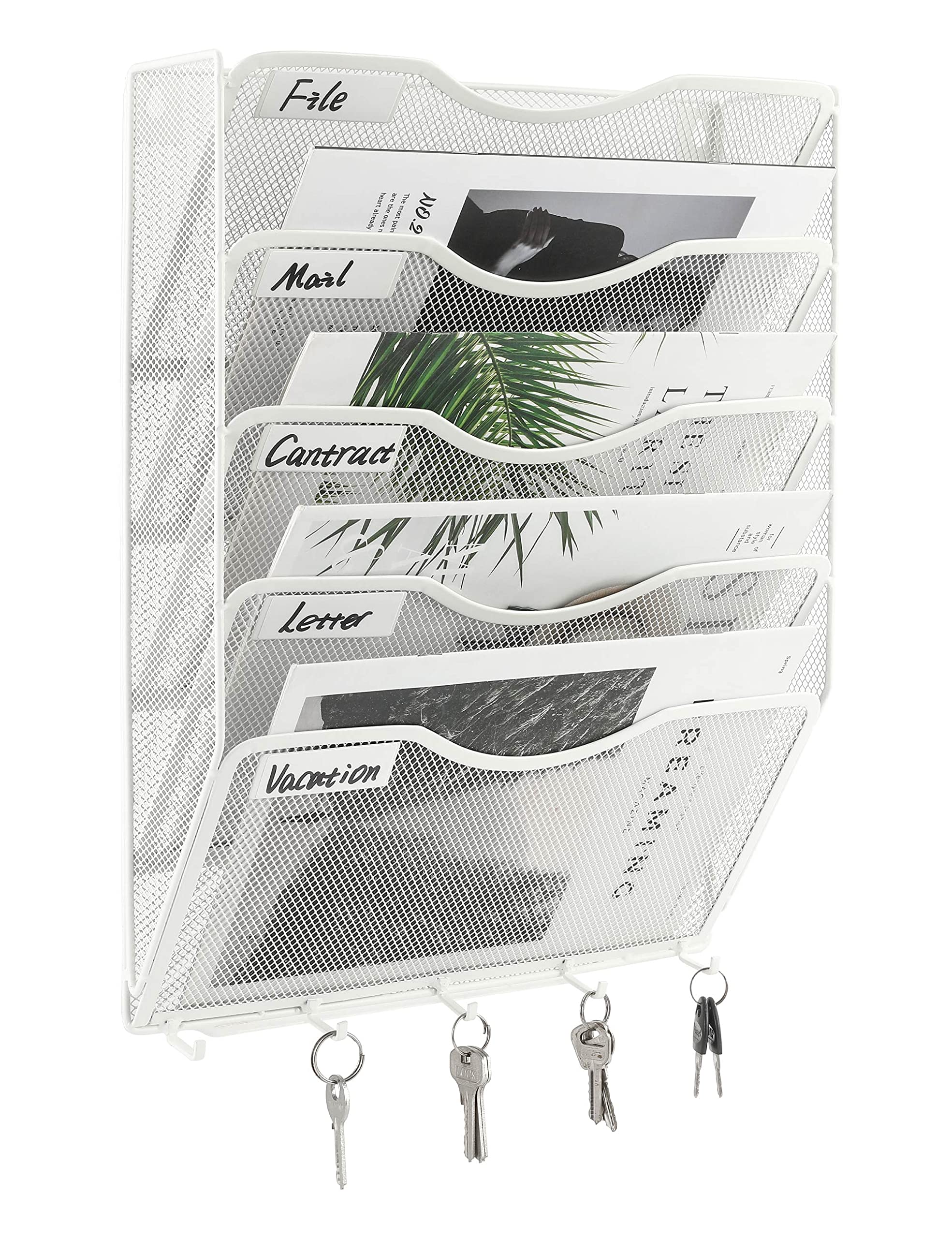 Easypag Wall Mount File Organizer With Key Hooks 5 Pocket Vertical Mesh Hanging Wall File Holder Magzine Paper Folders Rack For