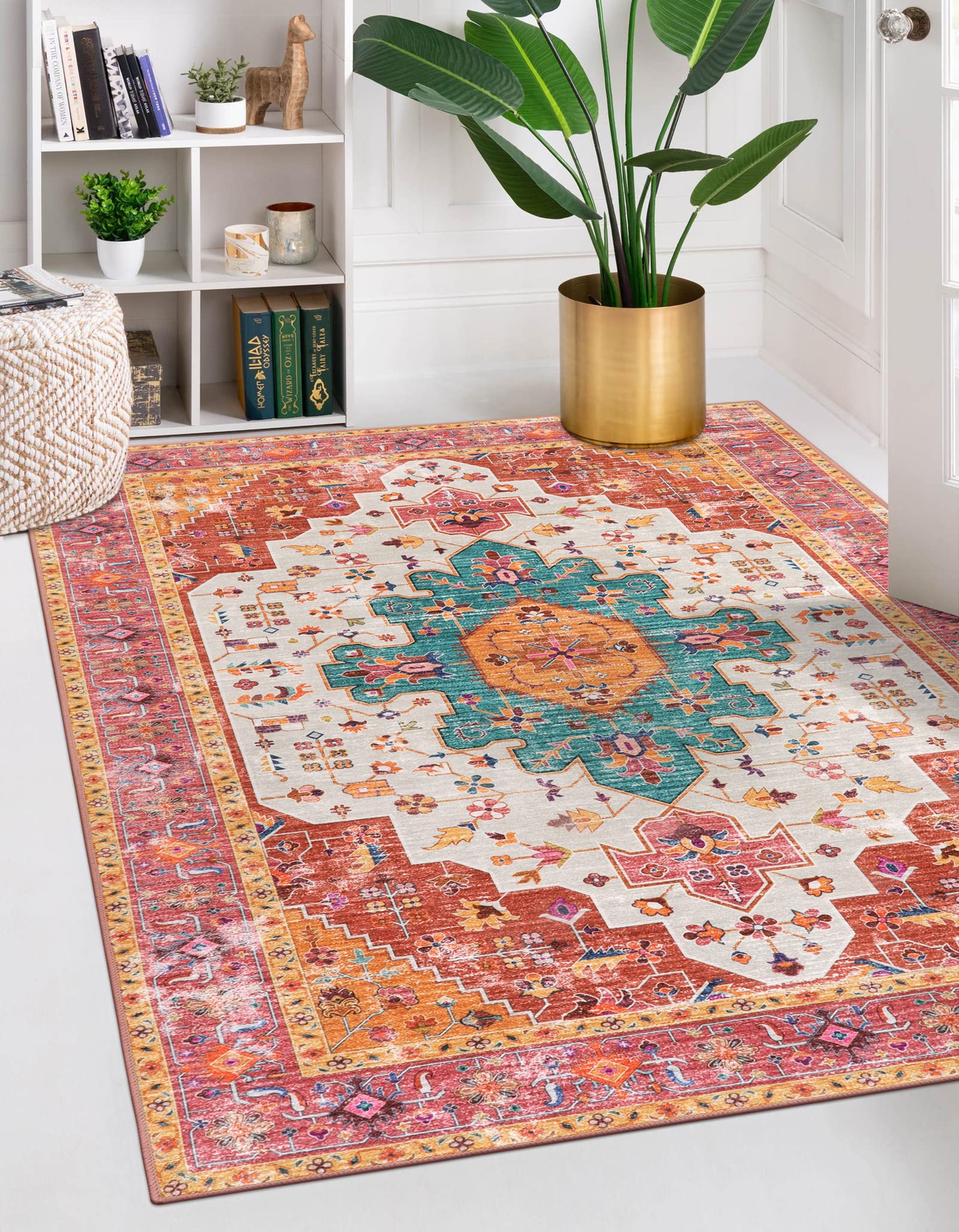 Moynesa Ultra-Thin Washable Vintage Area Rug - 5x7 Large Bedroom Boho Non-Slip Non-Shedding Living Room Mat Oriental Medallion F