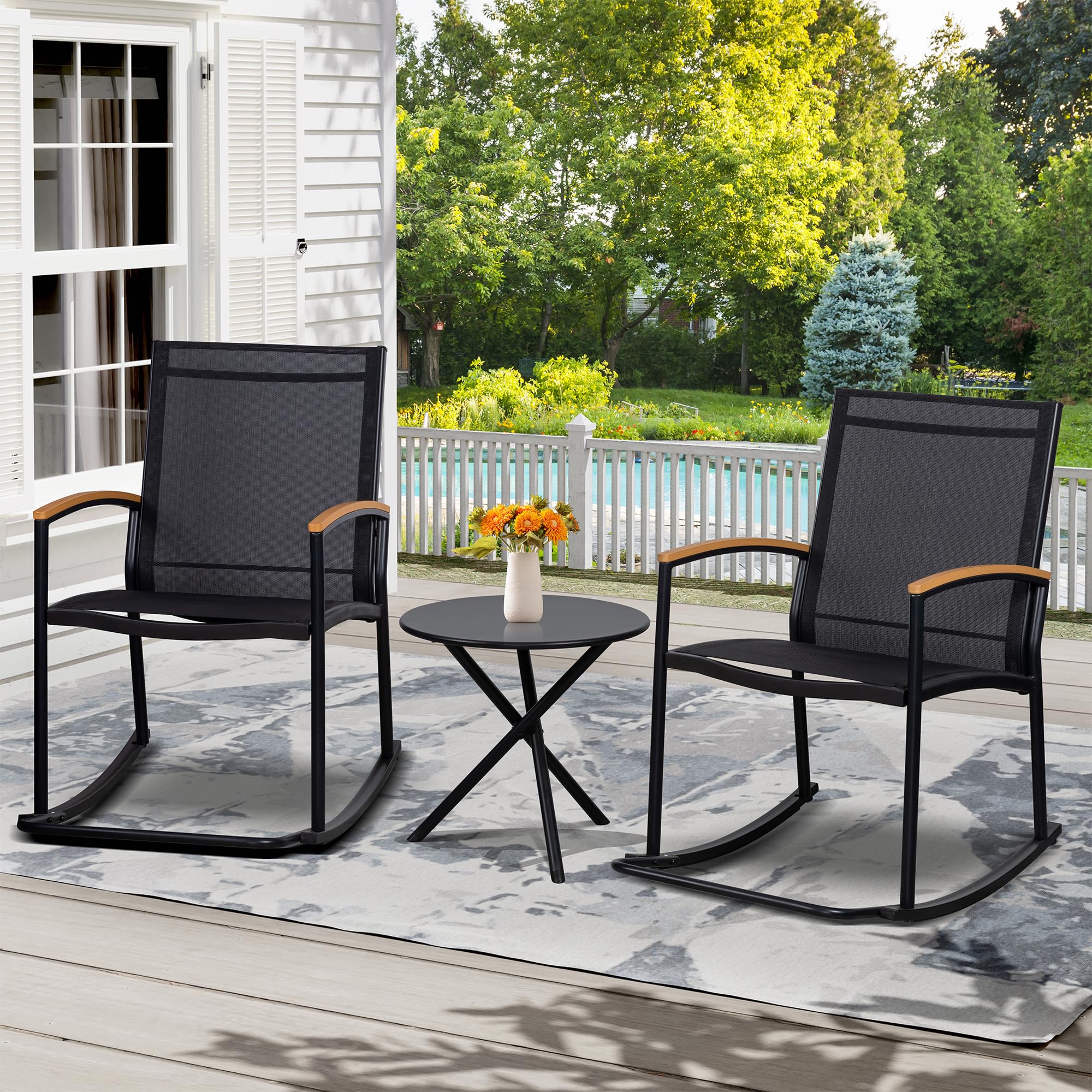 Shintenchi 3 Piece Outdoor Rocking Bistro Set, Textilene Fabric Small Patio Furniture Set, Front Porch Rocker Chairs Conversation Set With Table For Lawn, Garden, Balcony, Poolside (Black)