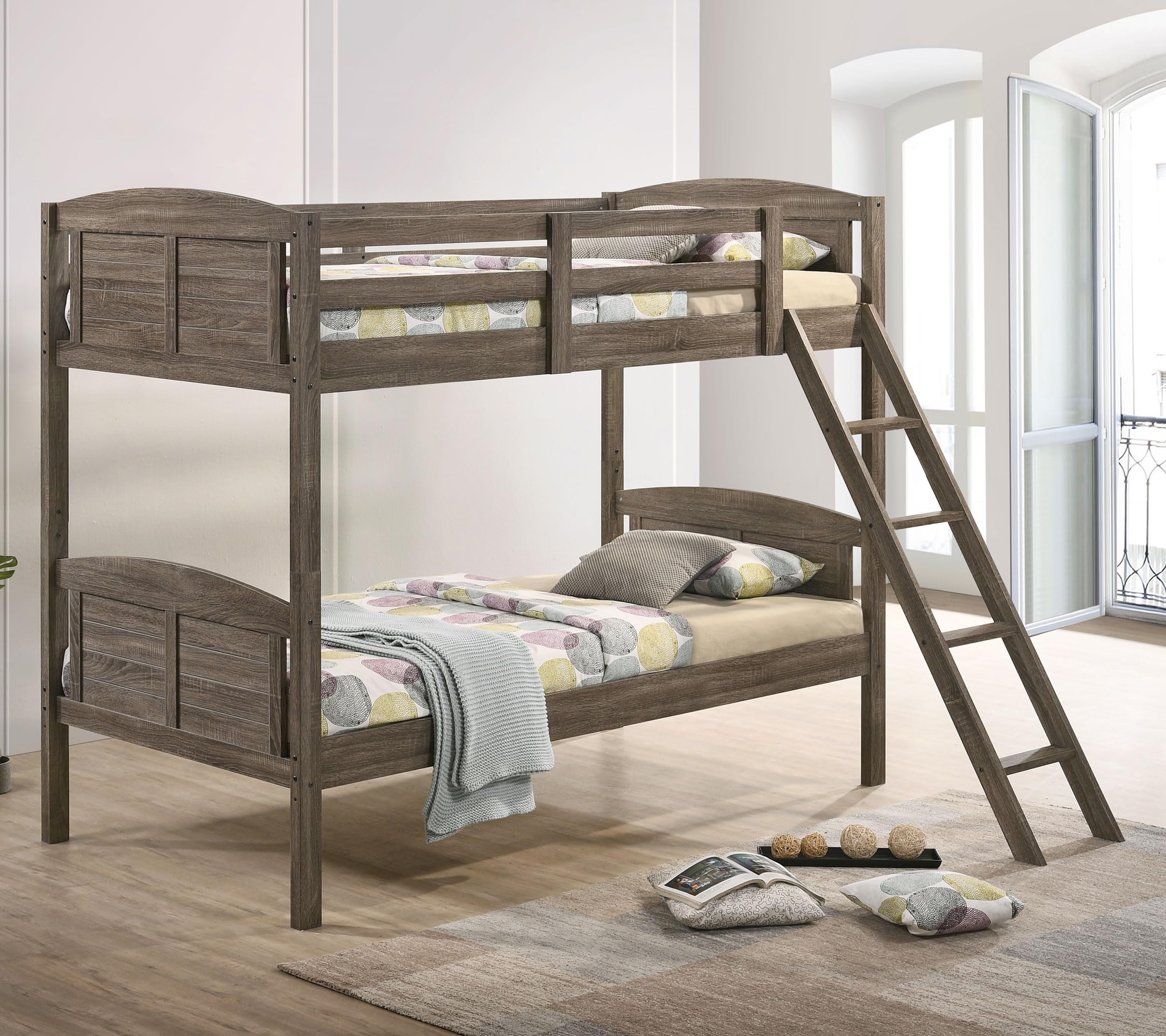 Coaster Home Furnishings Flynn Farmhouse Wood Twin Over Twin Size Bunk Bed Frame with Ladder and Guardrails Fully Slatted Mattress Ready Foundation Weathered Brown 400808