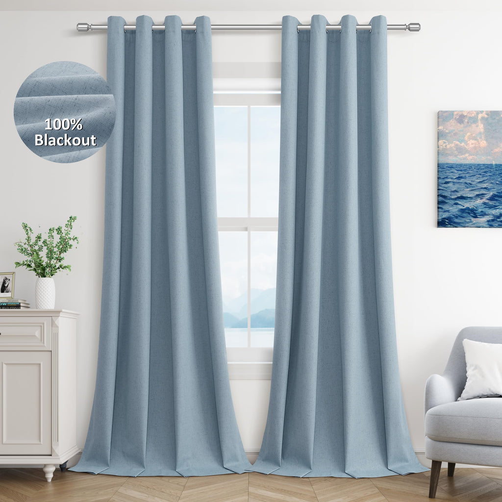 Jowels Blue Linen Blackout Curtains 108 Length 2 Panels Set for Living Room Bedroom, 100% Black Out Thermal Insulated Linen Drap