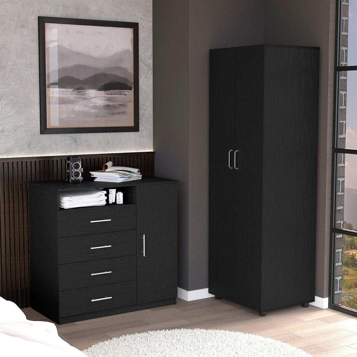 DEPOT E-SHOP Bidrell 2 Piece Bedroom Set, Armoire + Drawer Dresser, Black