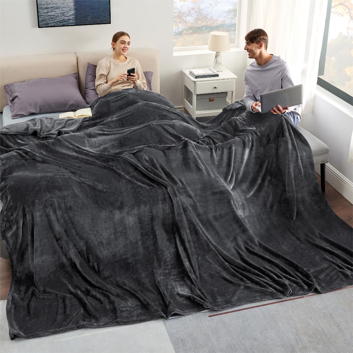 Bedsure Fleece Blanket Oversized Blanket Charcoal - 280Gsm Soft Lightweight Plush Cozy Blankets For Bed, Sofa, Couch, Travel, Ca