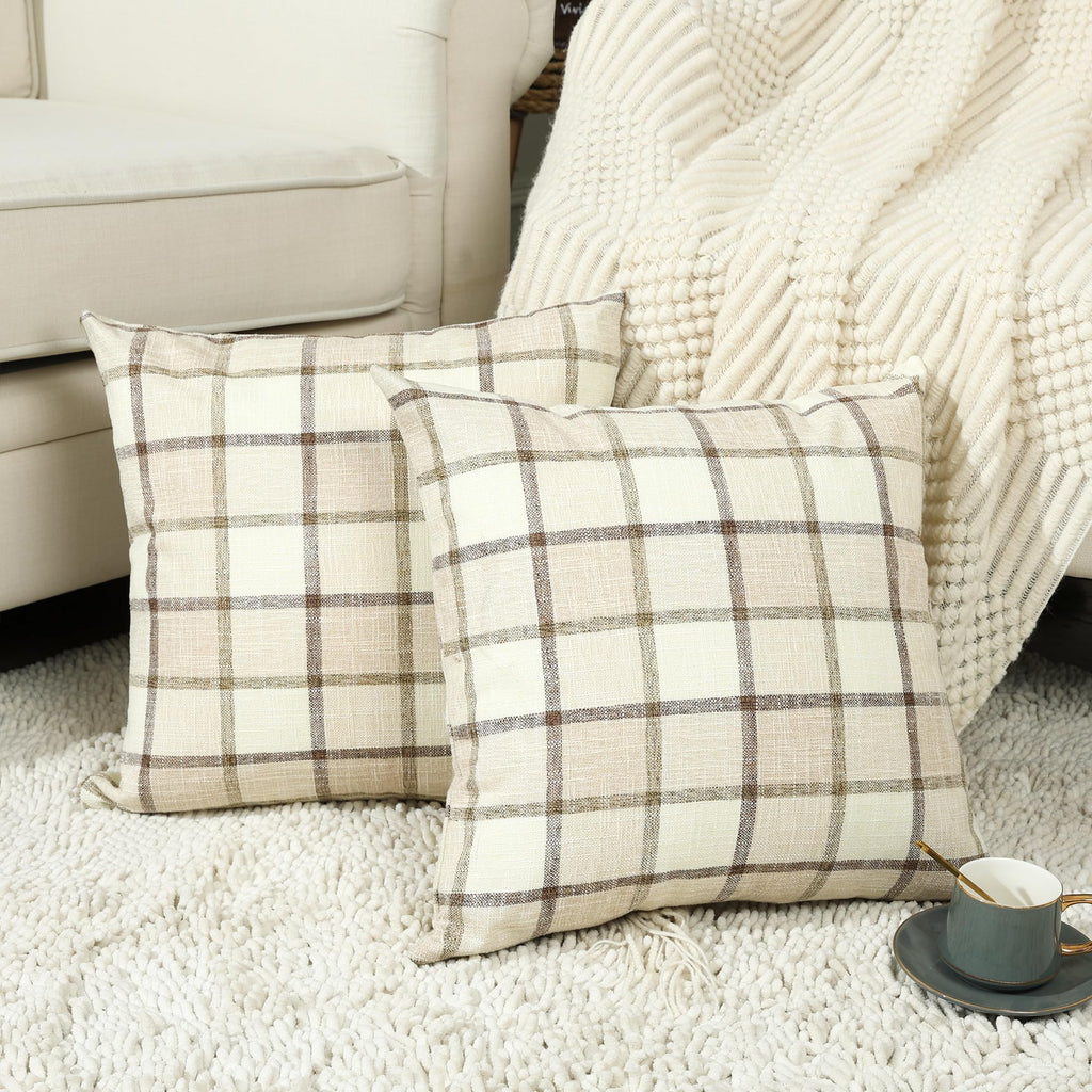Stellhome Pack of 2 Linen Buffalo Check Decorative Fall Throw Pillow Covers, Autumn Farmhouse Plaid Cushion Covers Rustic Retro 