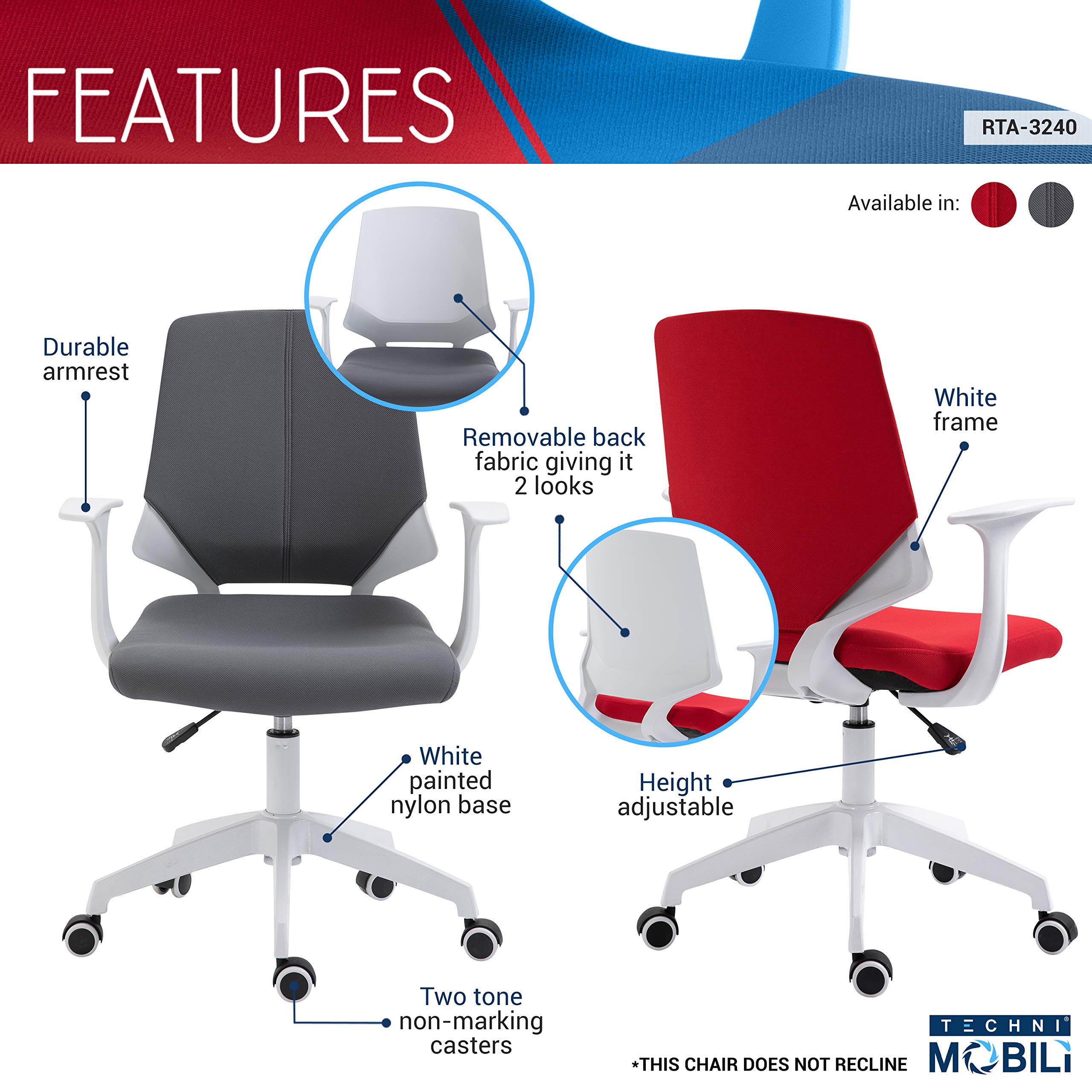 Techni Mobili Task Height Adjustable Mid Back Office Chair, Regular, Red