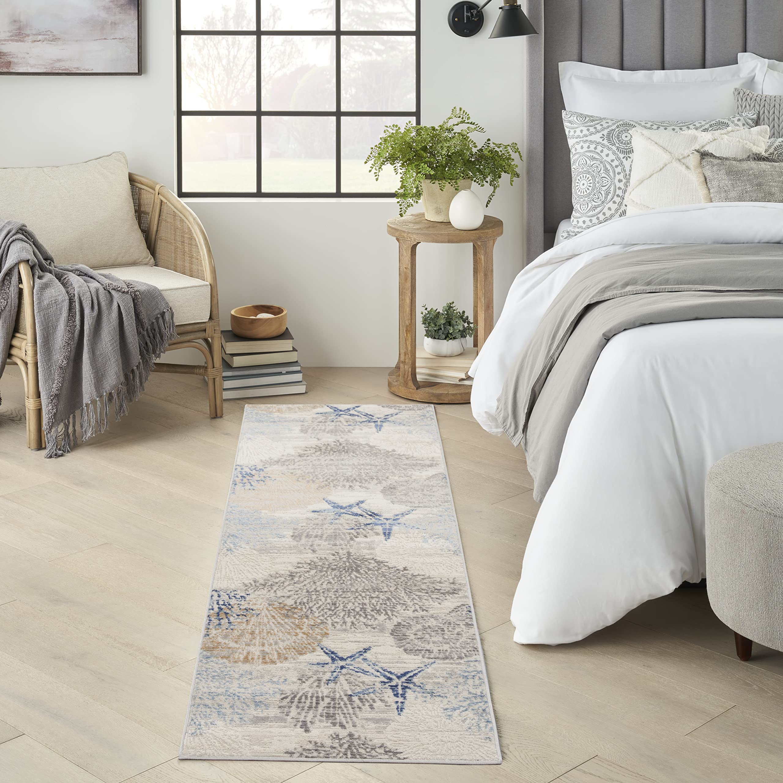 Nourison Pompeii Nature Ivory Grey Blue 2'3' X 7'6' Area Rug, Easy Cleaning, Non Shedding, Bed Room, Living Room, Dining Room,