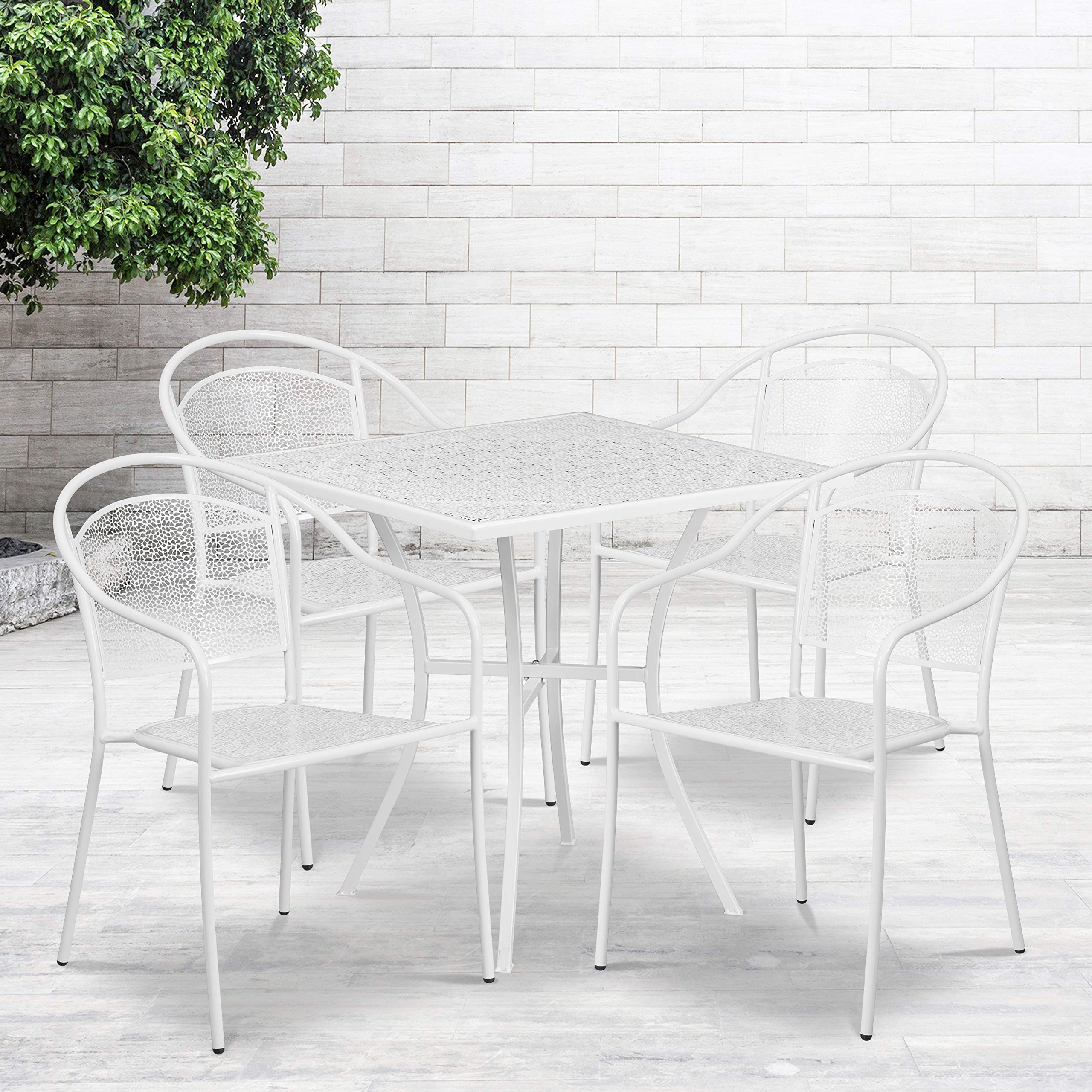 Flash Furniture Oia Commercial Grade 28' Square White Indoor-Outdoor Steel Patio Table Set With 4 Round Back Chairs