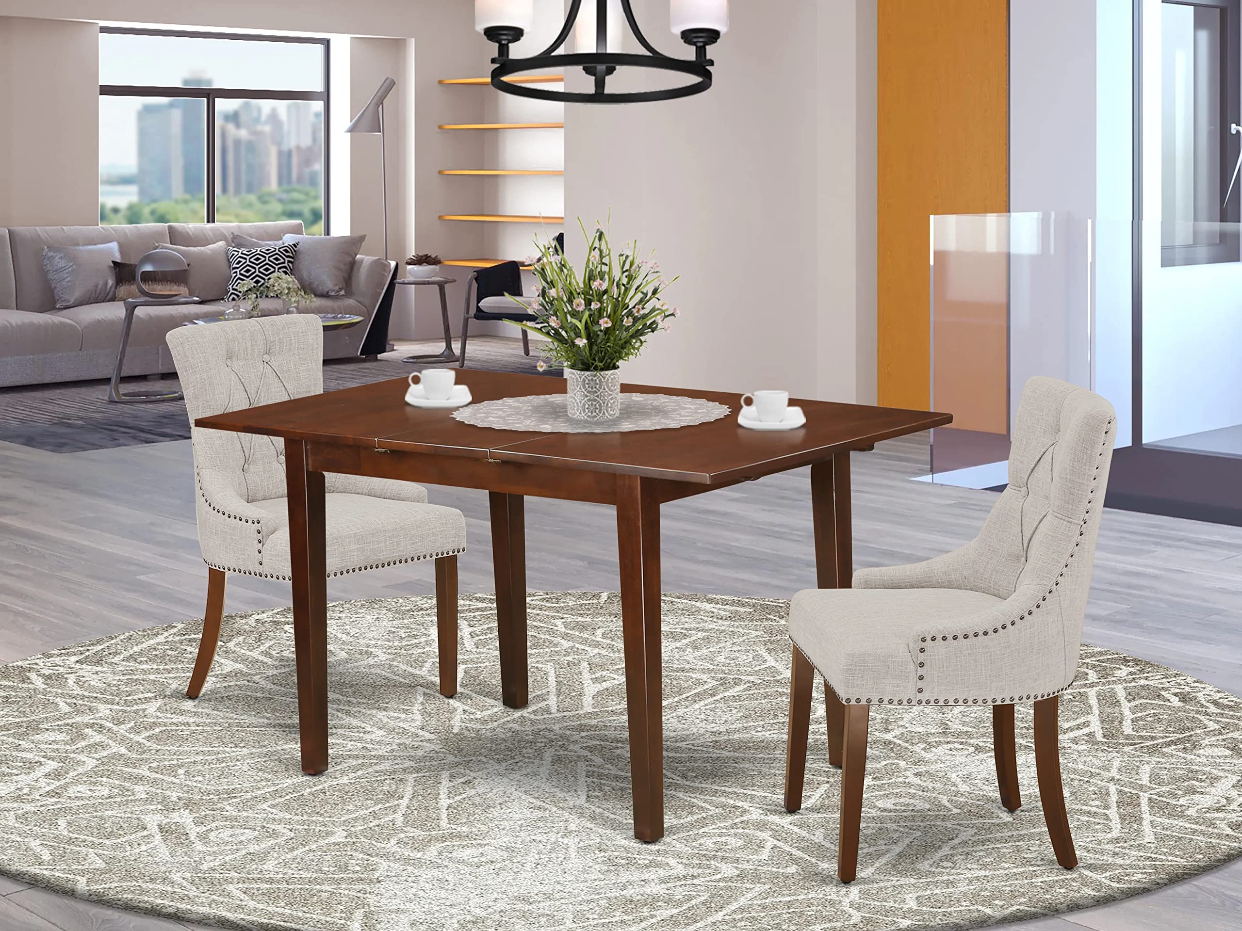 East West Furniture Nofr3-Mah-05 Norfolk 3 Piece Kitchen Set Contains A Rectangle Dining Room Table With Butterfly Leaf And 2 Doeskin Linen Fabric Parsons Chairs, 32X54 Inch