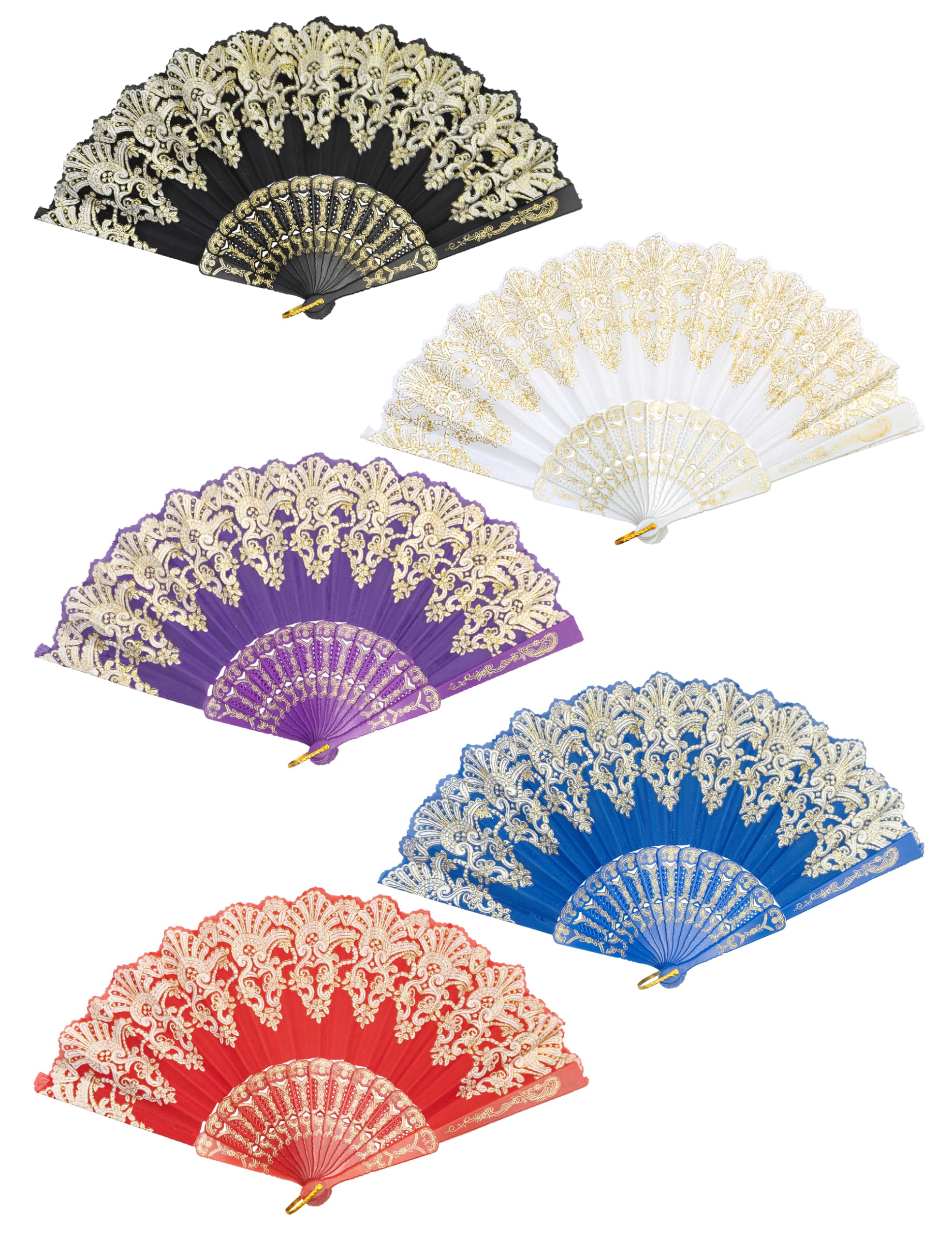 EOSAU Handheld Chinese Folding Fan Hand Fans for Women Foldable Bulk for Party Wedding Church Dancing (5 Mixed Colors)