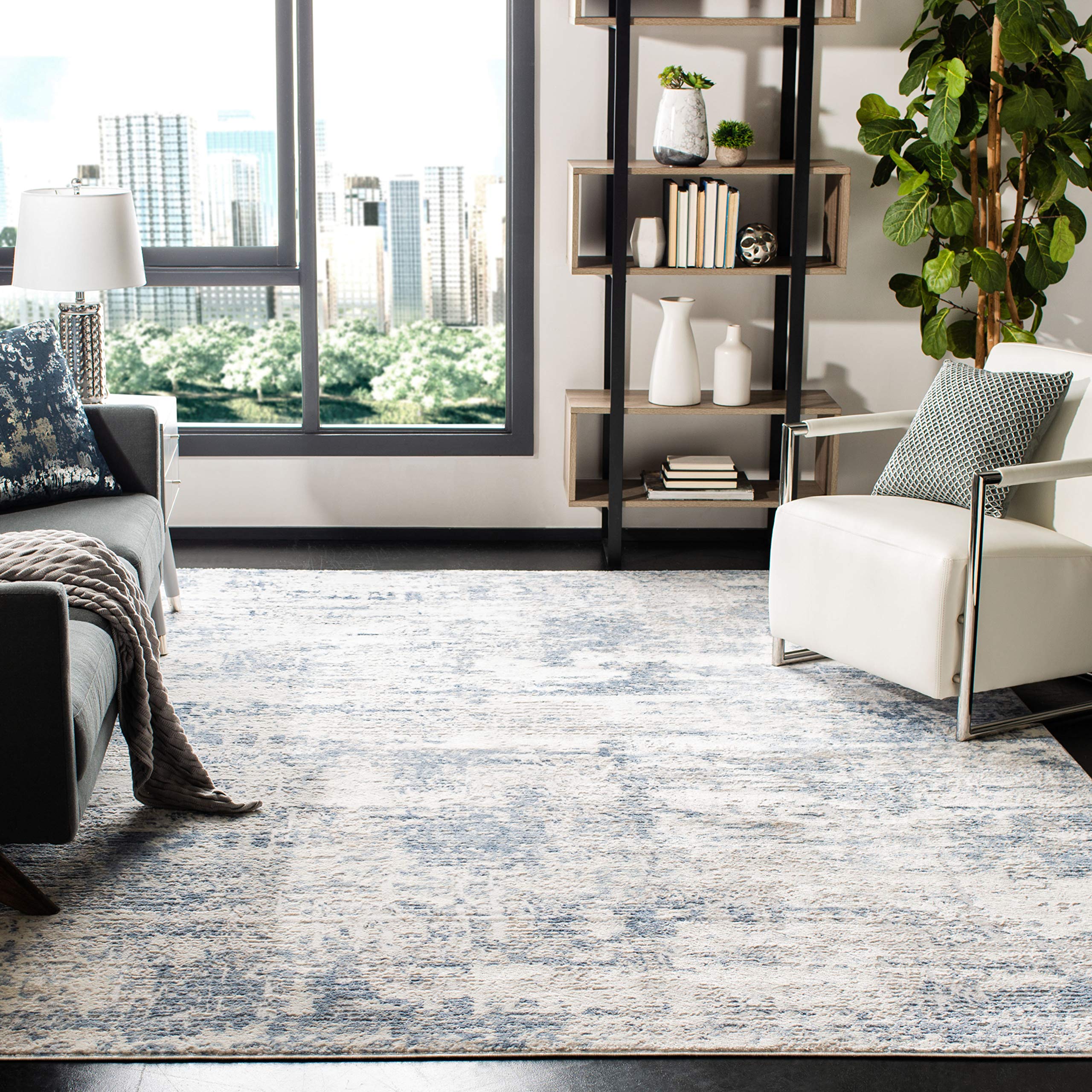 SAFAVIEH Amelia Collection Area Rug - 9' Square, Ivory & Blue, Modern Abstract Design, Non-Shedding & Easy Care, Ideal for High 