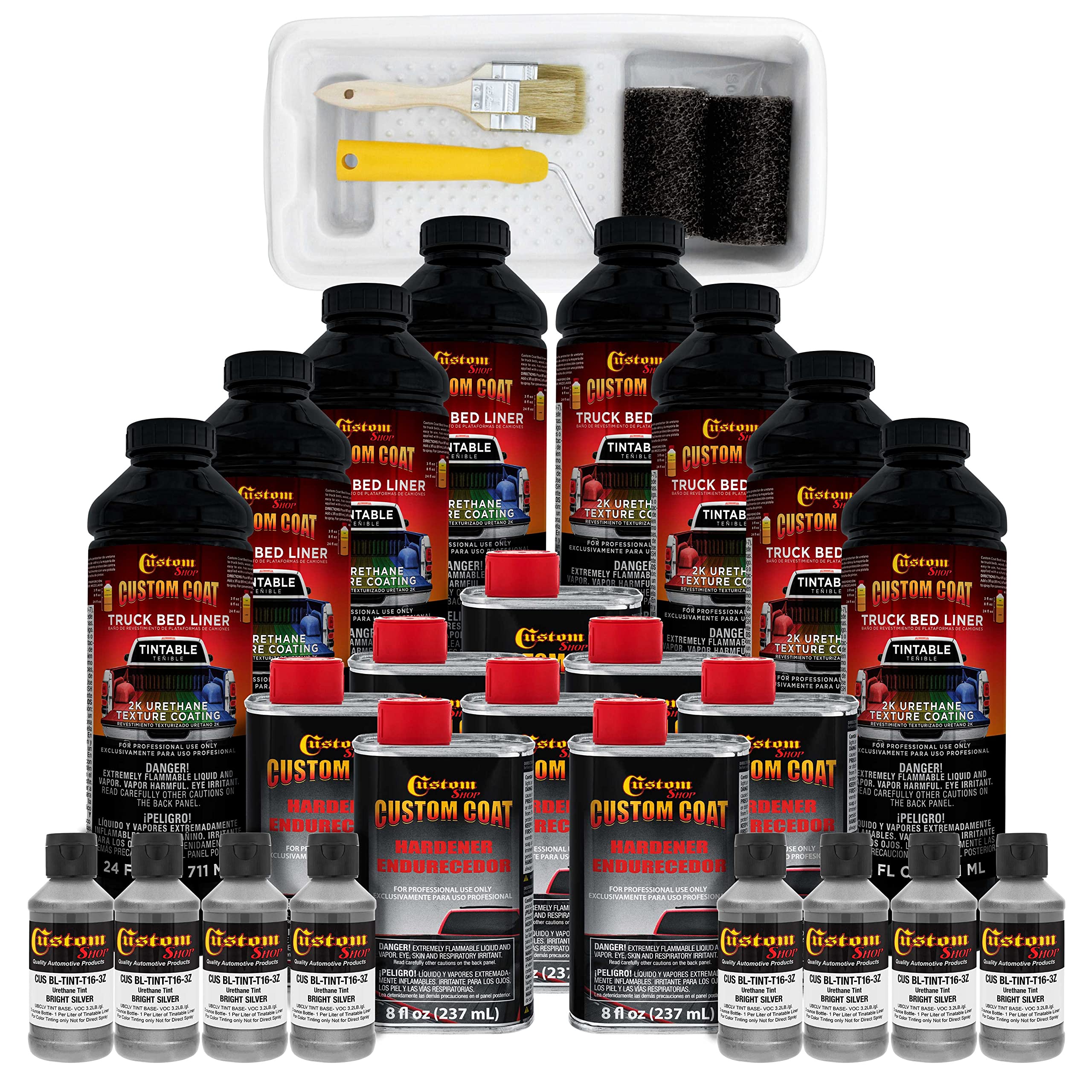 Custom Coat Bright Silver 2 Gallon Urethane Roll-On, Brush-On Or Spray-On Truck Bed Liner Kit With Roller And Brush Applicator K