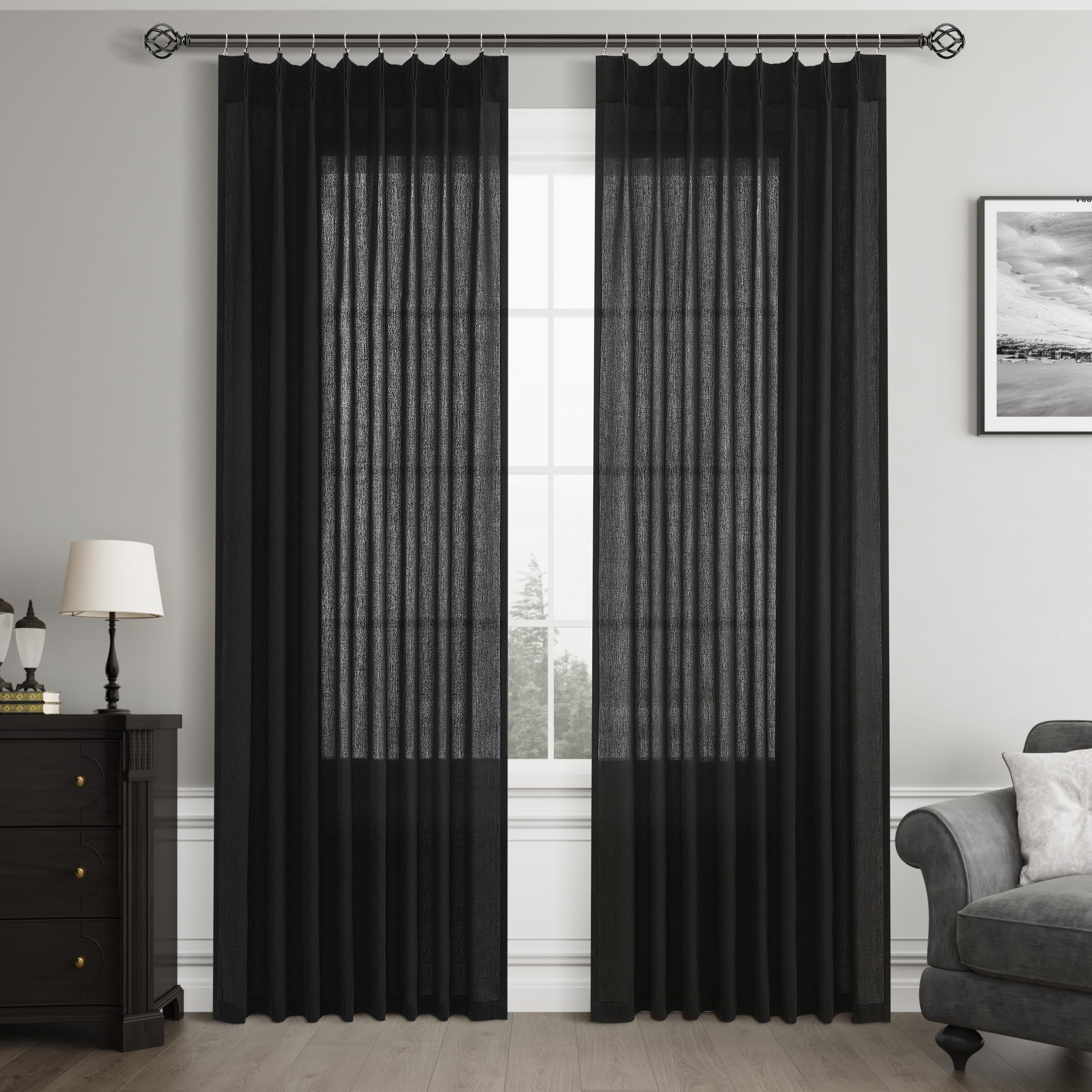 Joywell Primitive Linen Pinch Pleated Curtains 102 Inch Long,Back Tab Clip Rings Semi Sheer Light Filtering Drapes With Hooks Pr