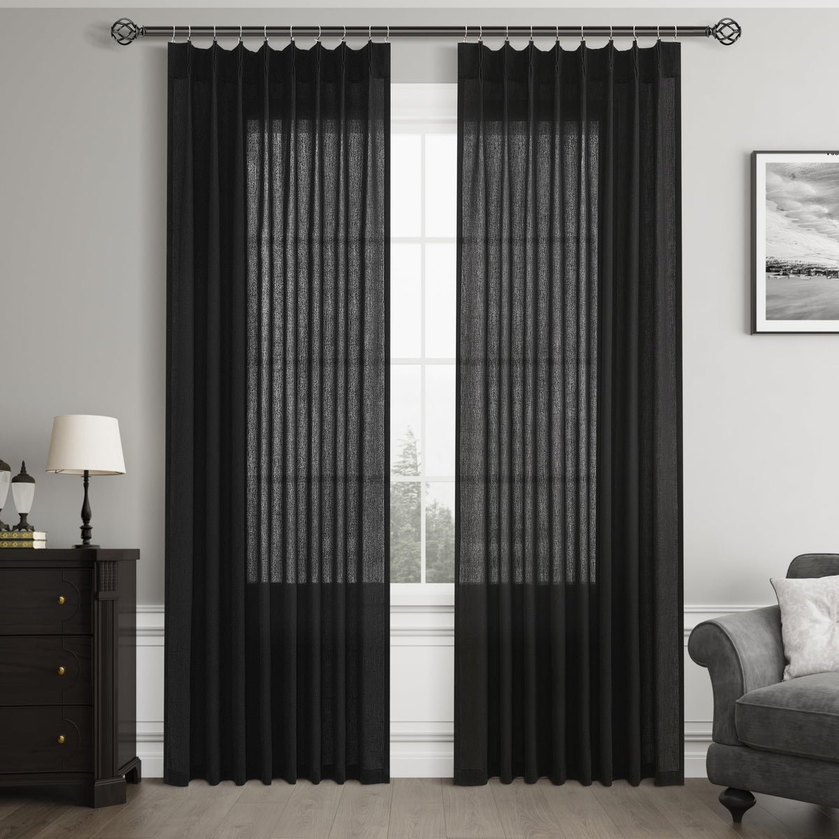 Joywell Linen Pinch Pleated Curtains 96 Inch Long,Back Tab Clip Rings Semi Sheer Light Filtering Drapes Soft Lightweight With Hooks For Bedroom Living Room Apartment,W50 X L96,Black,2 Panels Set