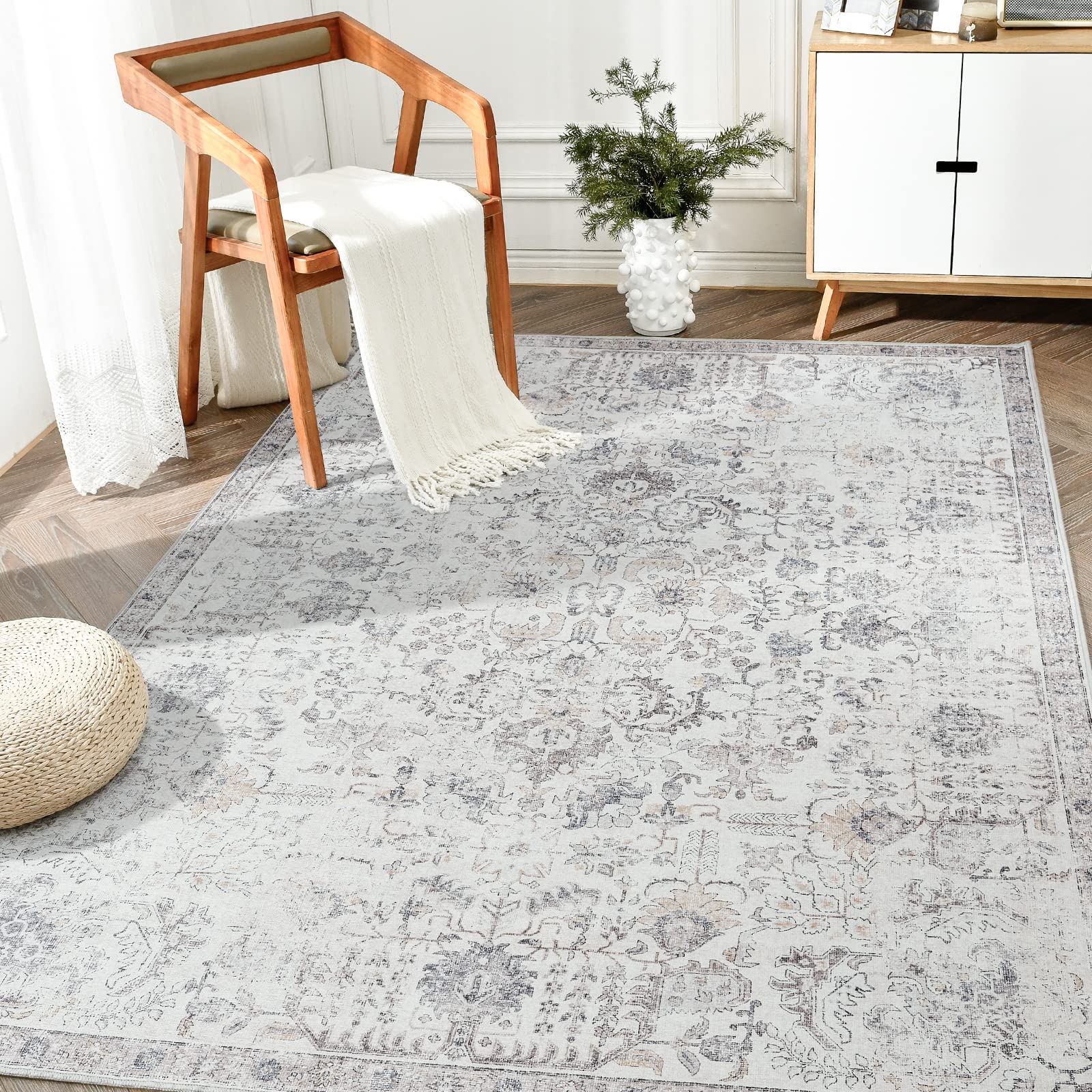 jinchan Area Rug 8x10 Washable Rug Vintage Rug Indoor Thin Rug Gray Retro Accent Rug Distressed Carpet Grey Floral Country Boho 